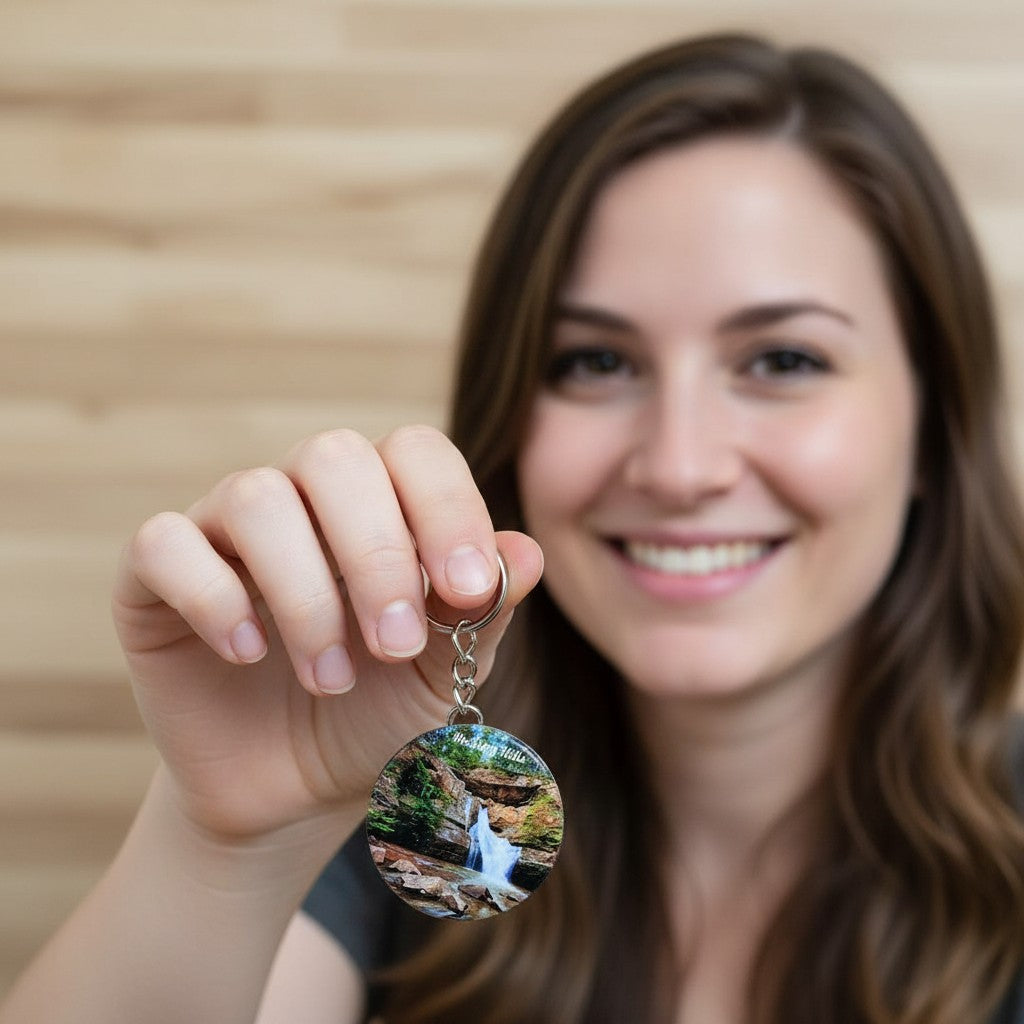 The Hocking Hills Store keychain features a scenic waterfall in Hocking Hills, Ohio, with text overlay.