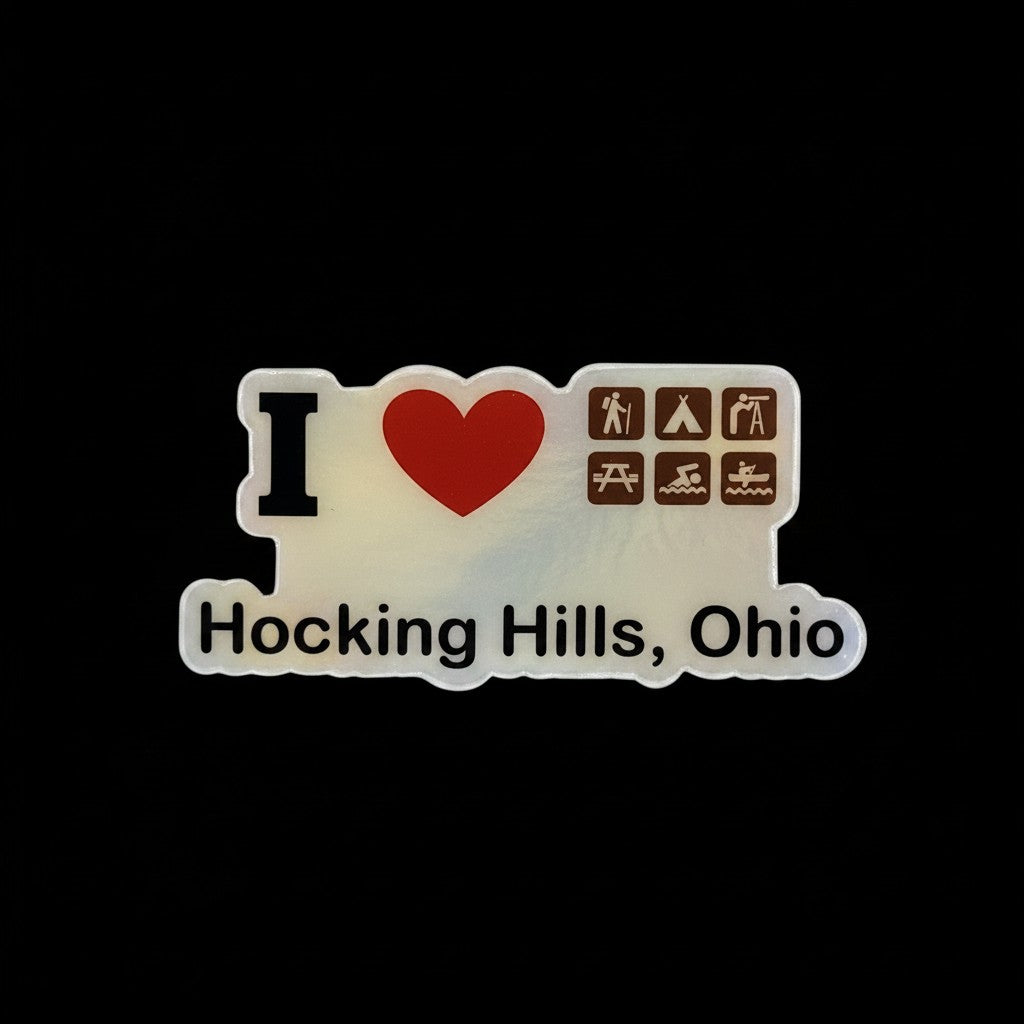 The Hocking Hills Store holographic bumper sticker with I love Hocking Hills, Ohio text and icons for camping, hiking, and water activities.