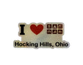 The Hocking Hills Store holographic bumper sticker with I love Hocking Hills, Ohio text and icons for camping, hiking, and water activities.