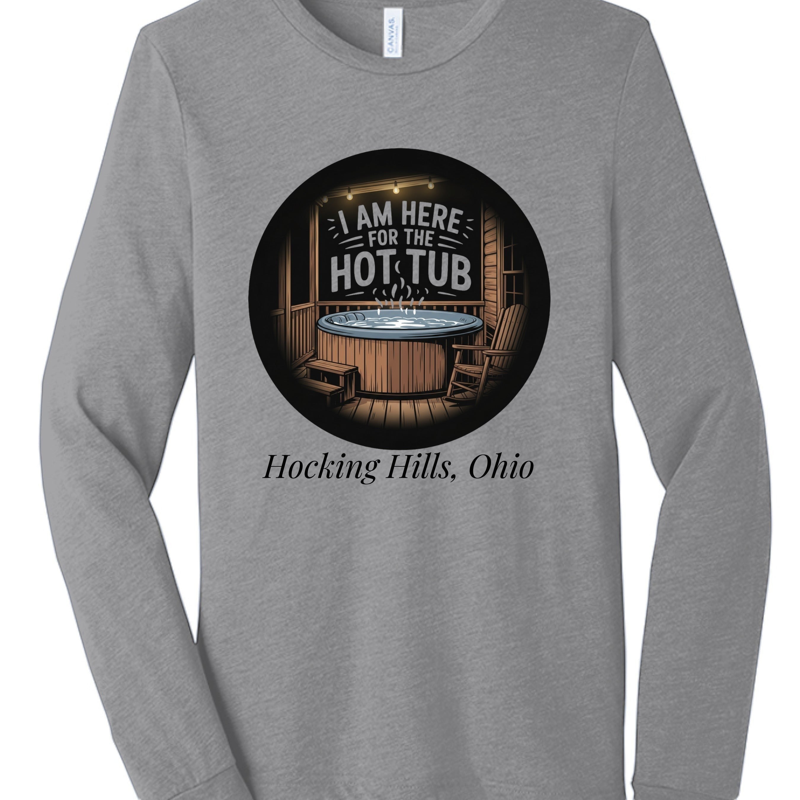 The Hocking Hills Store grey tri-blend long sleeve tee with a graphic that says "I Am Here For The Hot Tub" and a hot tub scene.