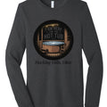 The Hocking Hills Store charcoal tri-blend long sleeve tee with "I Am Here For The Hot Tub" graphic and Hocking Hills, Ohio text.