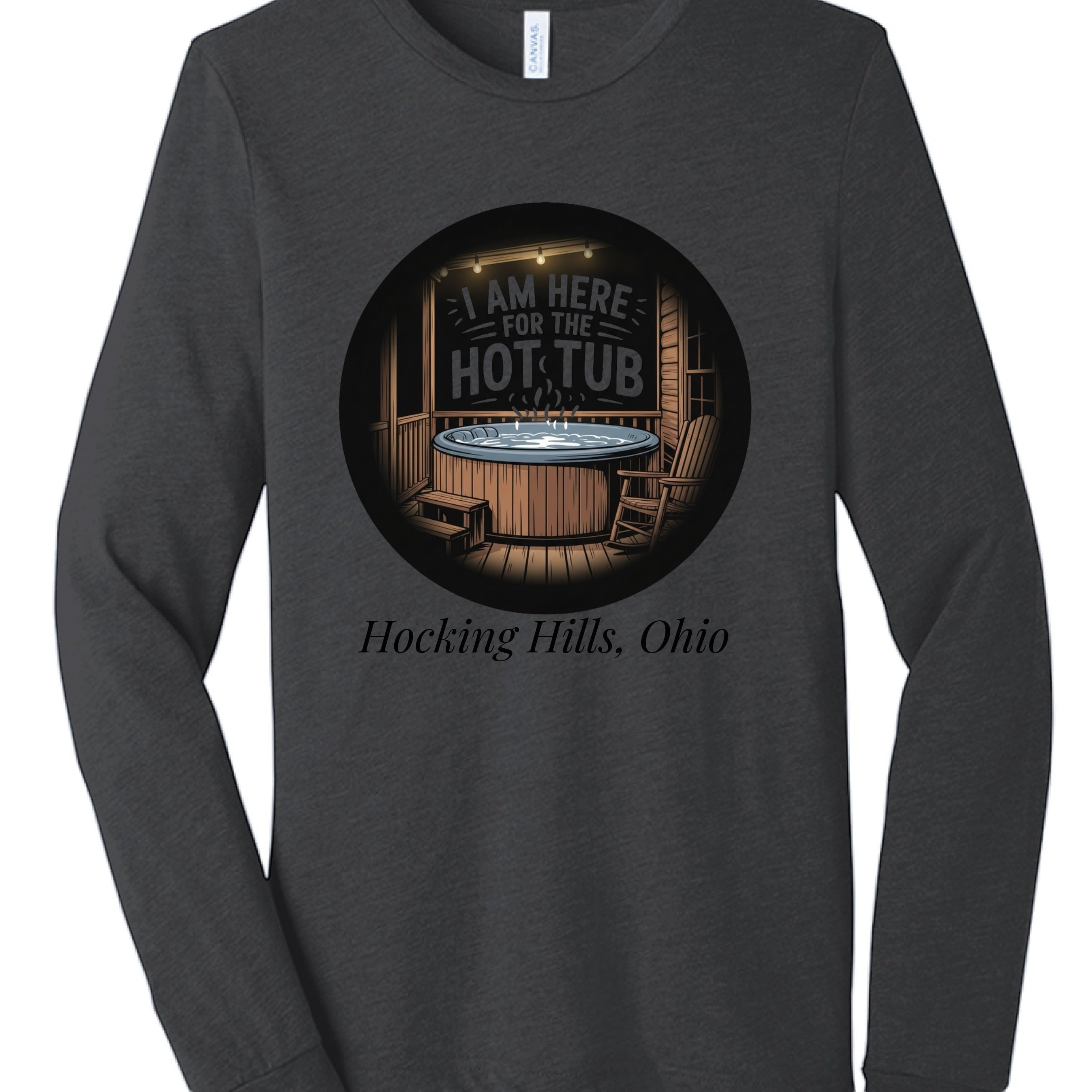 The Hocking Hills Store charcoal tri-blend long sleeve tee with "I Am Here For The Hot Tub" graphic and Hocking Hills, Ohio text.