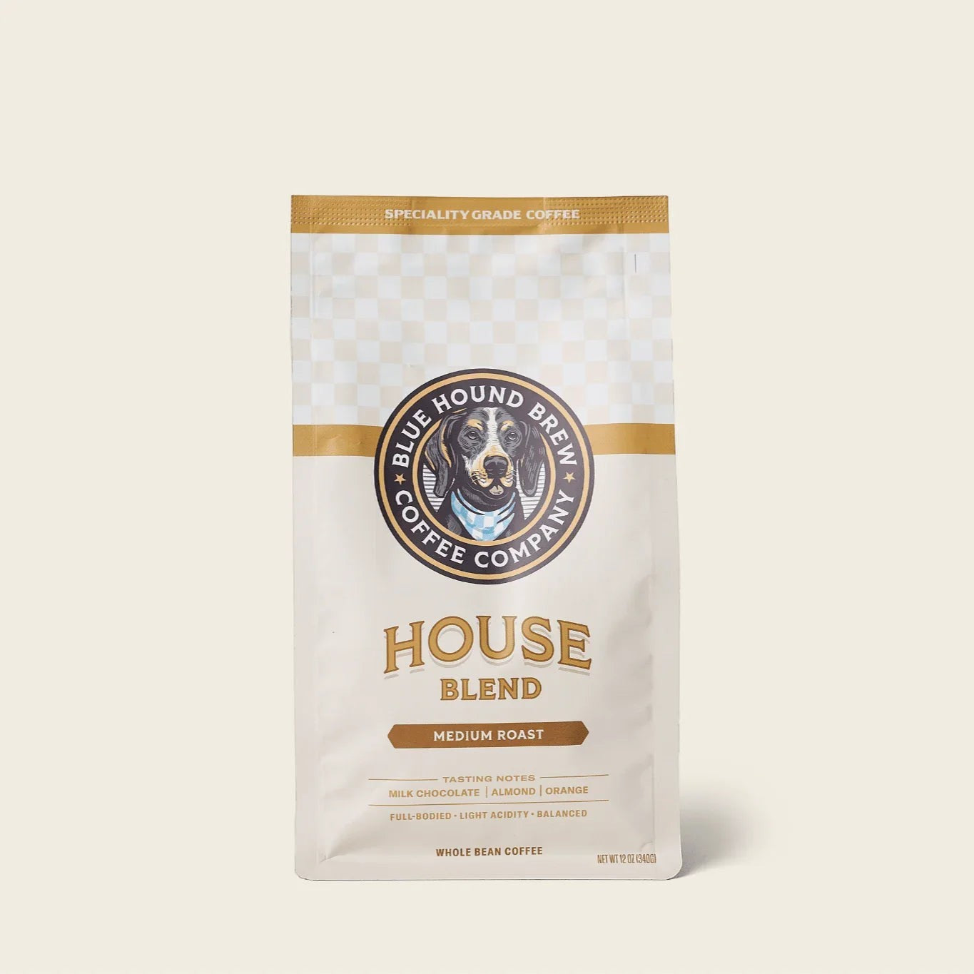 The Hocking Hills Store Blue Hound Brew House Blend medium roast whole bean coffee bag with tasting notes of milk chocolate, almond, and orange.