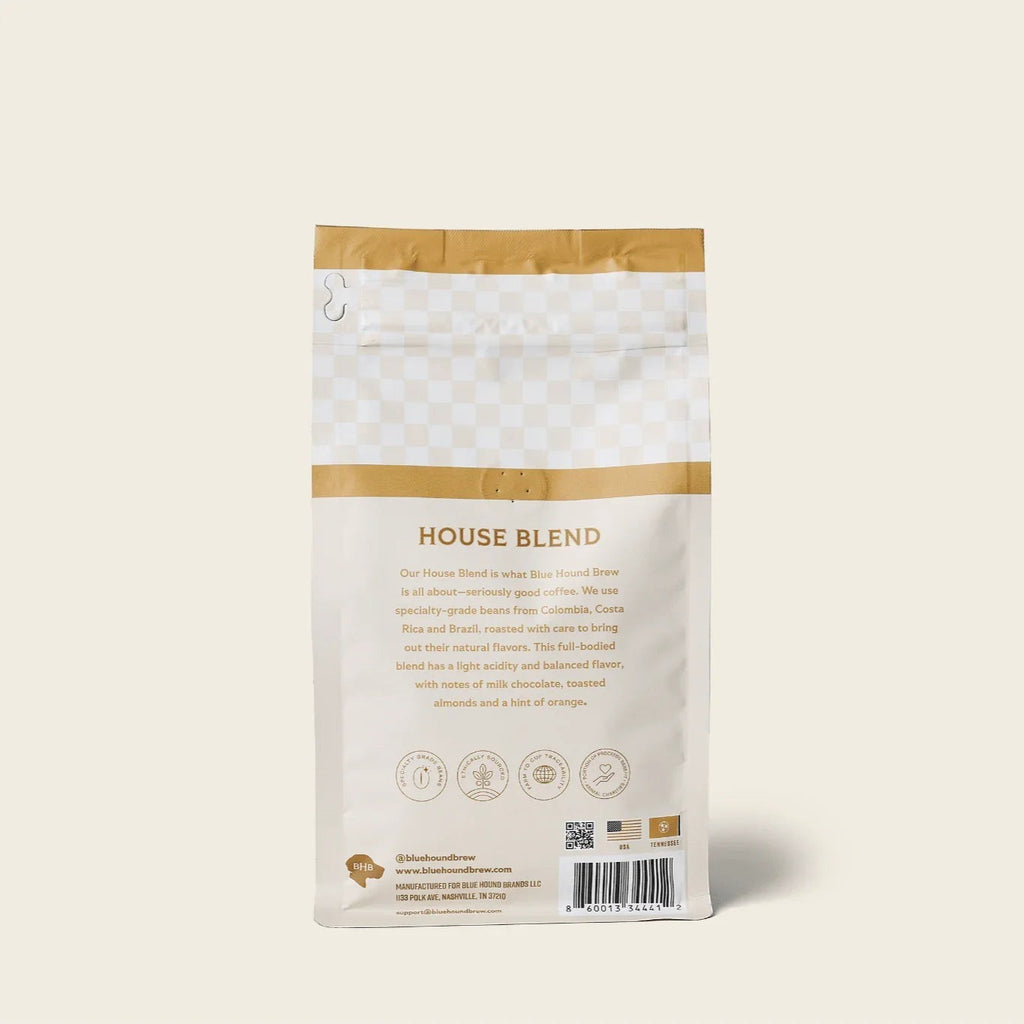 The Hocking Hills Store House Blend coffee bag, featuring a full-bodied blend with notes of milk chocolate, toasted almonds, and orange.