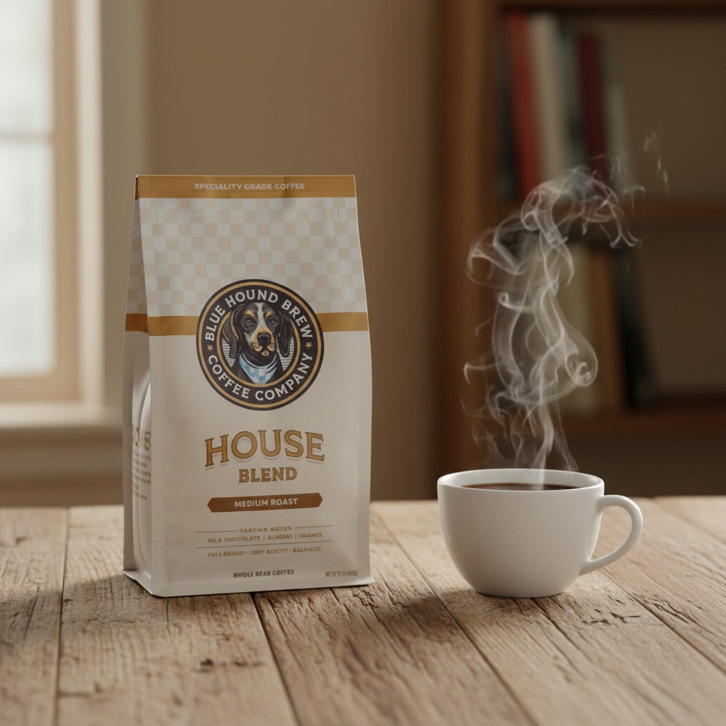 The Hocking Hills Store Blue Hound Brew House Blend medium roast whole bean coffee bag with tasting notes of milk chocolate, almond, and orange.