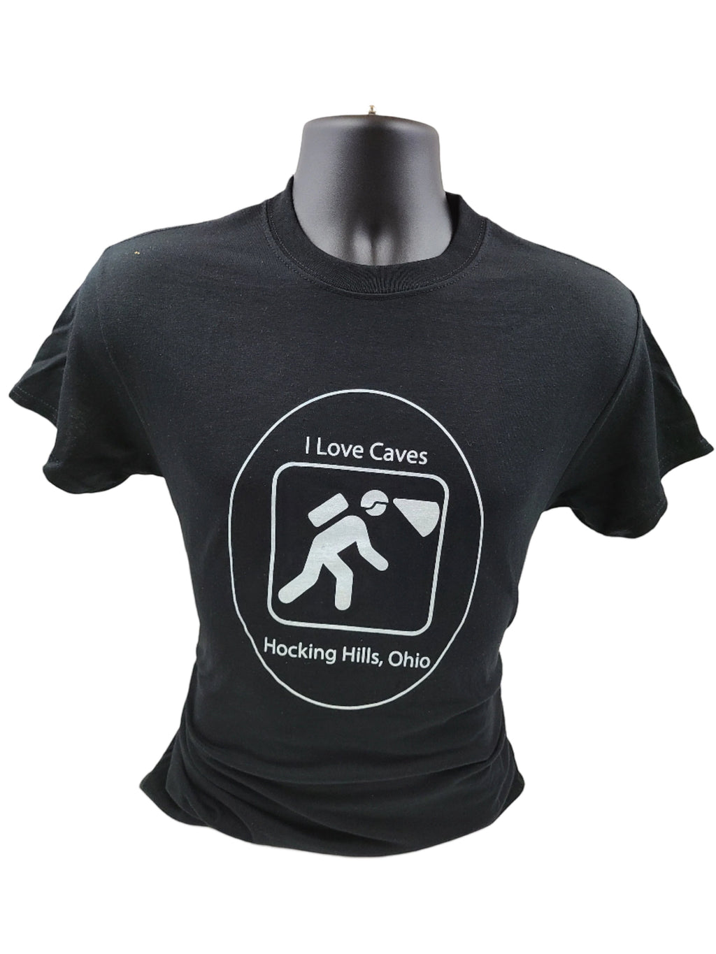 The Hocking Hills Store black cotton t-shirt with a white graphic of a caver and text "I Love Caves Hocking Hills, Ohio".