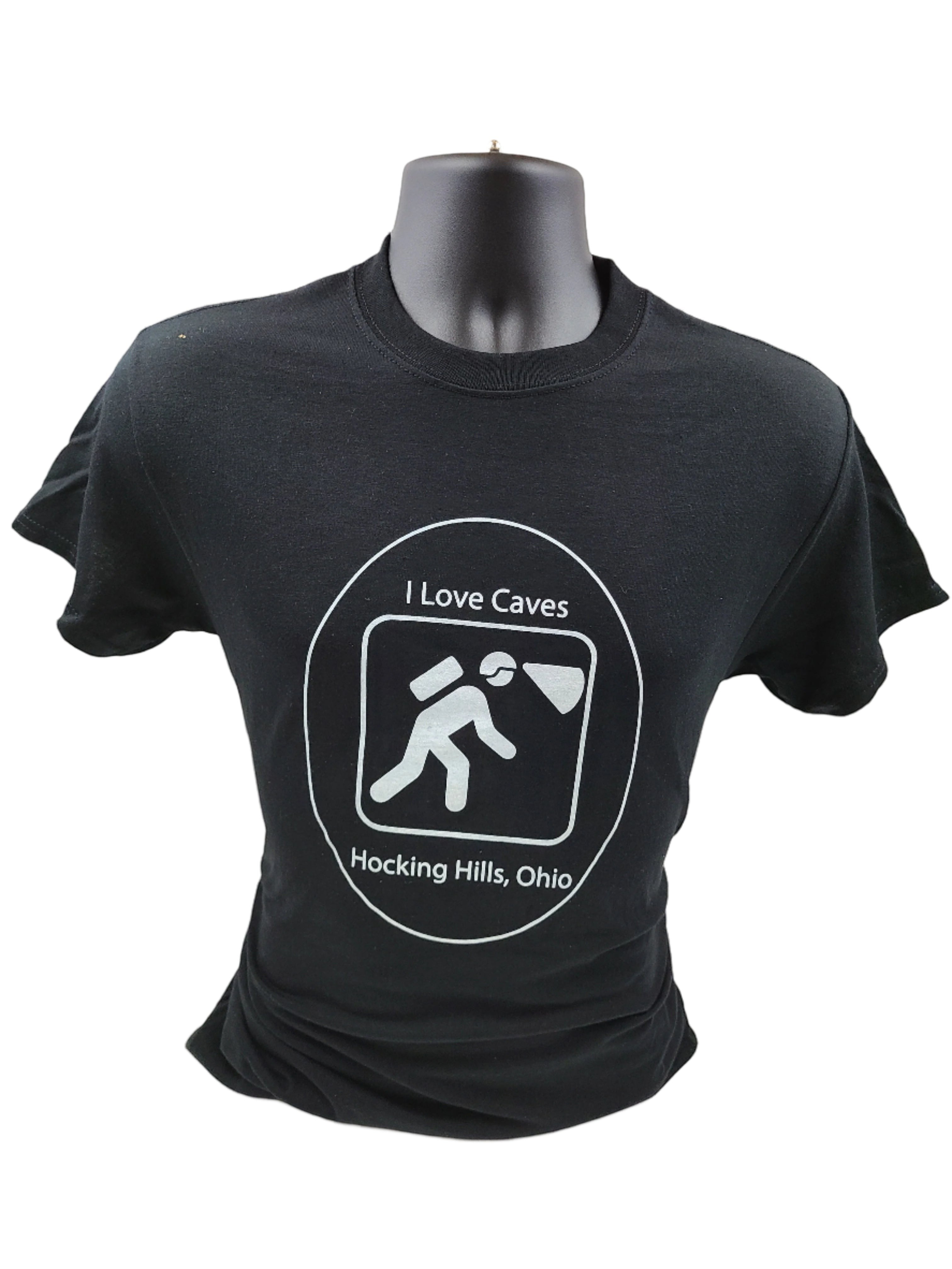 The Hocking Hills Store black cotton t-shirt with a white graphic of a caver and text "I Love Caves Hocking Hills, Ohio".