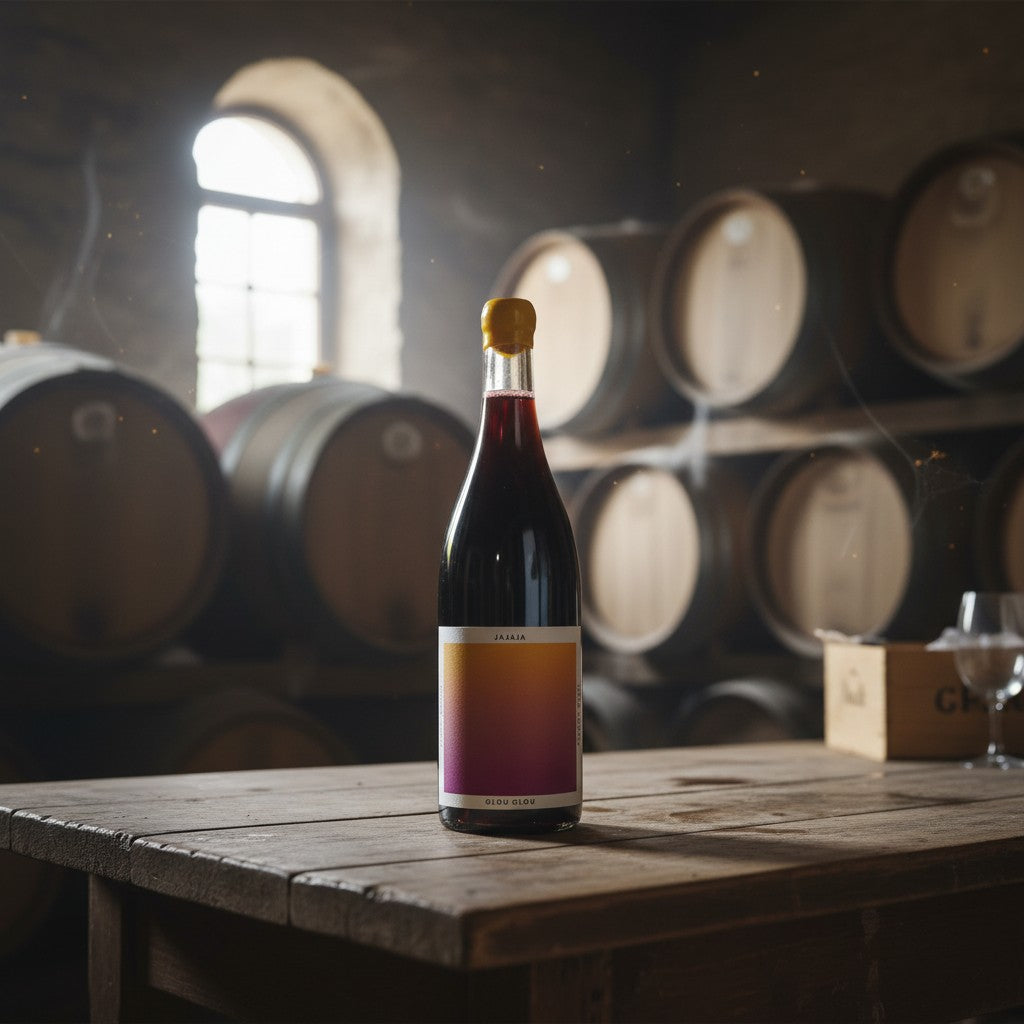 The Hocking Hills Store Jajaja Glou Glou red wine bottle with a yellow cap and a gradient label.