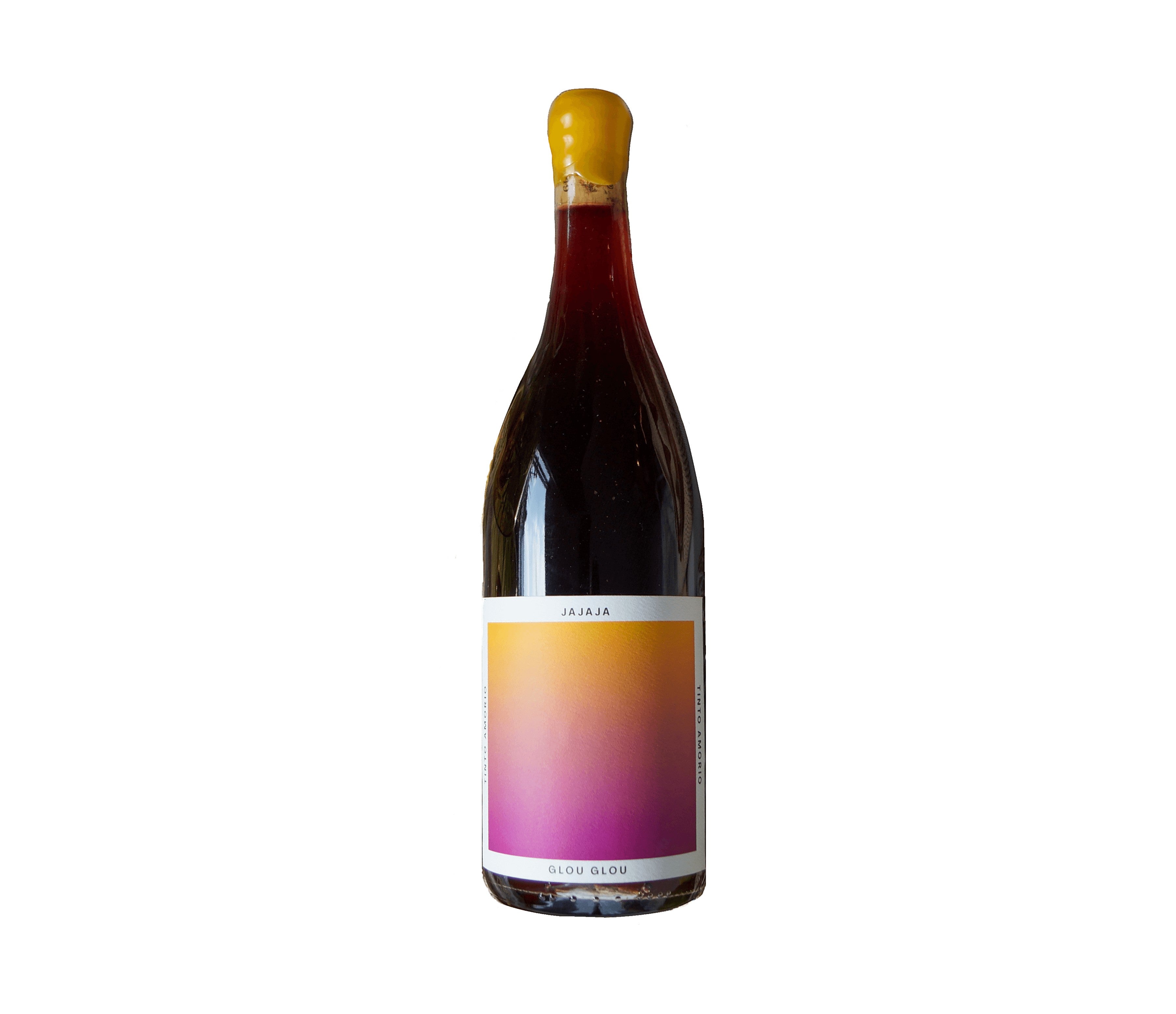 The Hocking Hills Store Jajaja Glou Glou red wine bottle with a yellow cap and a gradient label.