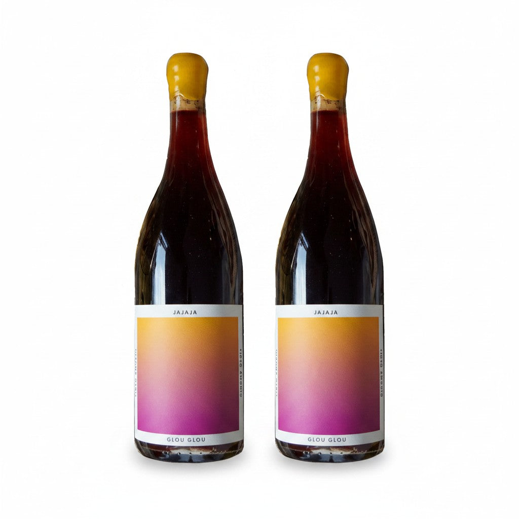 The Hocking Hills Store Jajaja Glou Glou red wine bottle with a yellow cap and a gradient label.