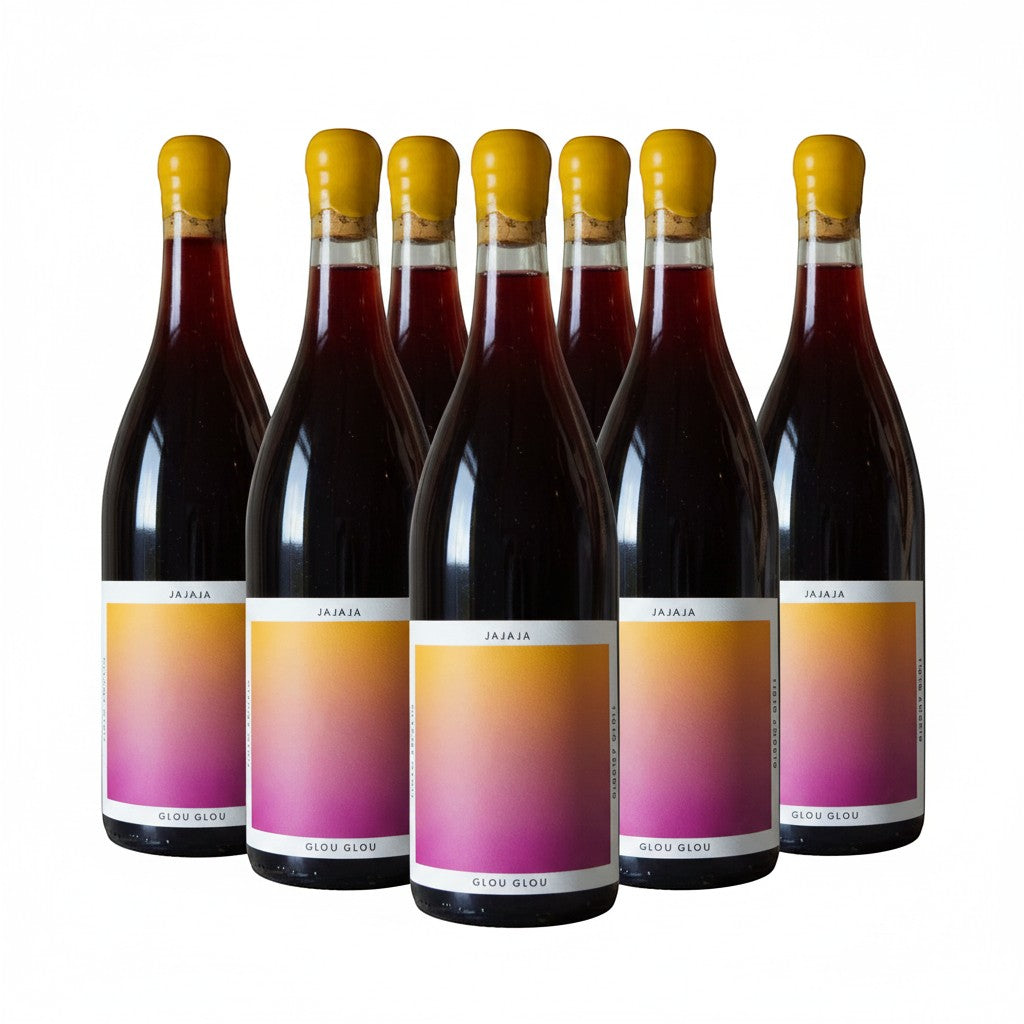 The Hocking Hills Store Jajaja Glou Glou red wine bottles with yellow caps and gradient labels.