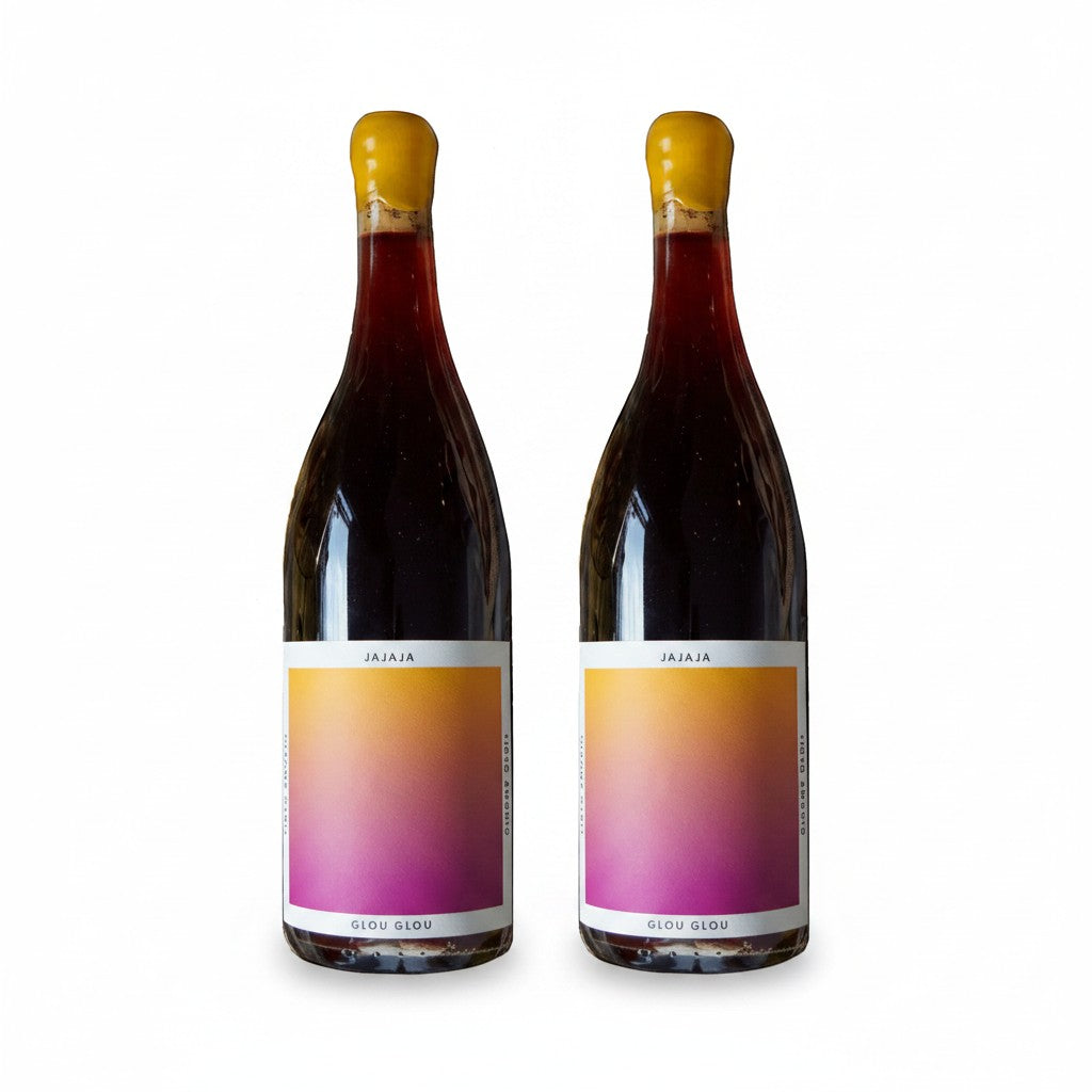 The Hocking Hills Store Jajaja Glou Glou red wine bottles with yellow wax seals and gradient labels.