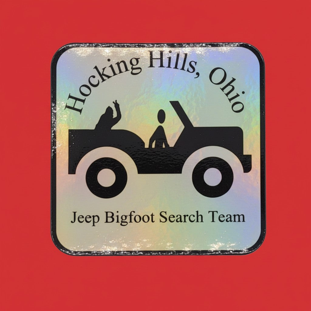 The Hocking Hills Store holographic Jeep Bigfoot Search Team bumper sticker with "Hocking Hills, Ohio" text.