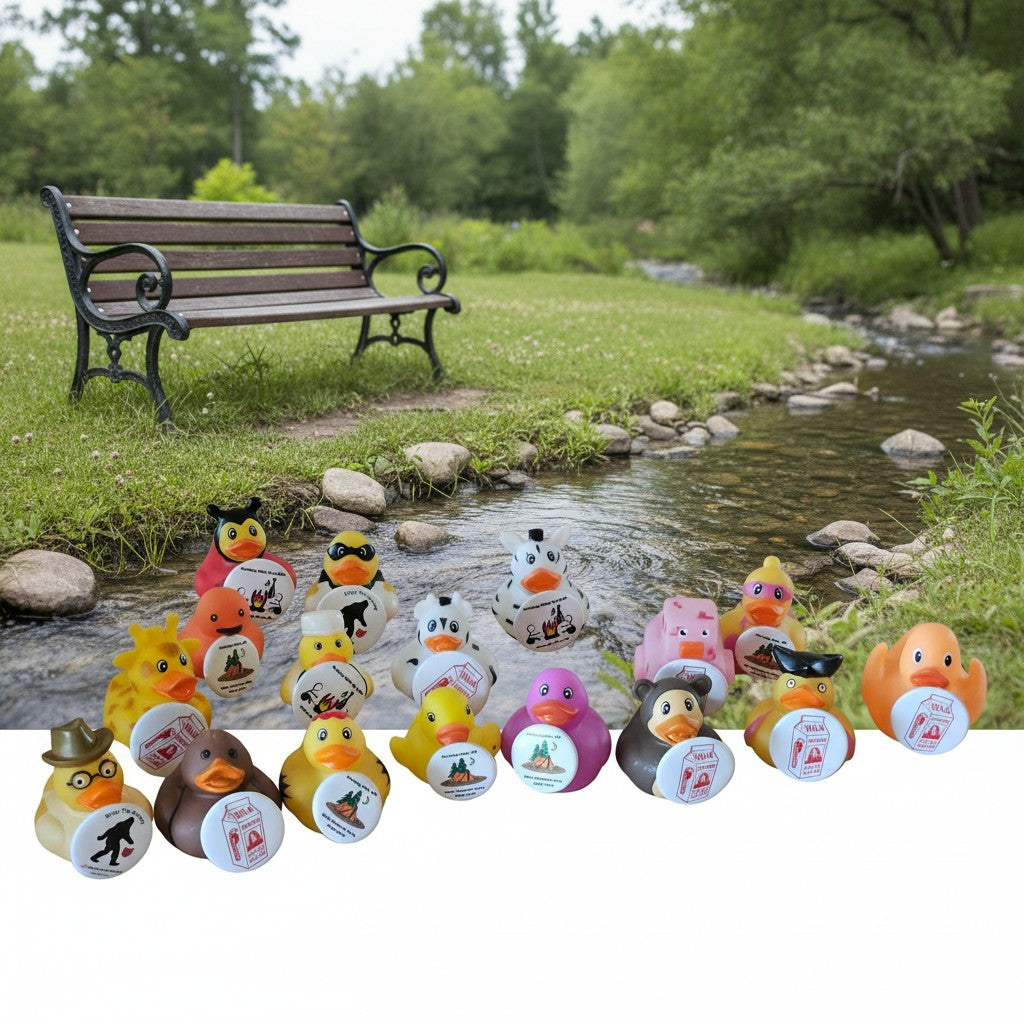 The Hocking Hills Store assorted Pinned Jeep Ducks collection, featuring various designs like Bigfoot, cow, bee, and monkey, each with unique Hocking Hills themes.