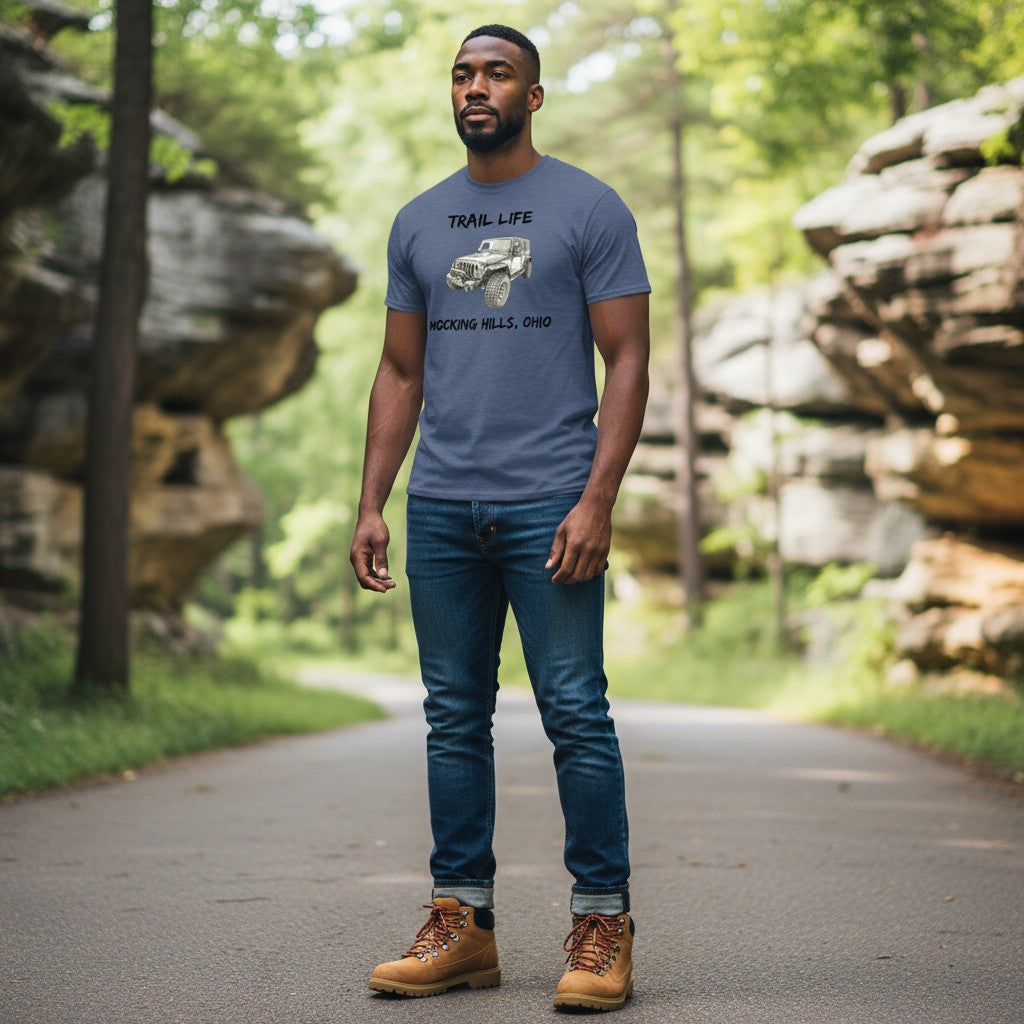 The Hocking Hills Store heathered blue cotton blend t-shirt with a graphic of a Jeep and text "TRAIL LIFE HOCKING HILLS, OHIO".
