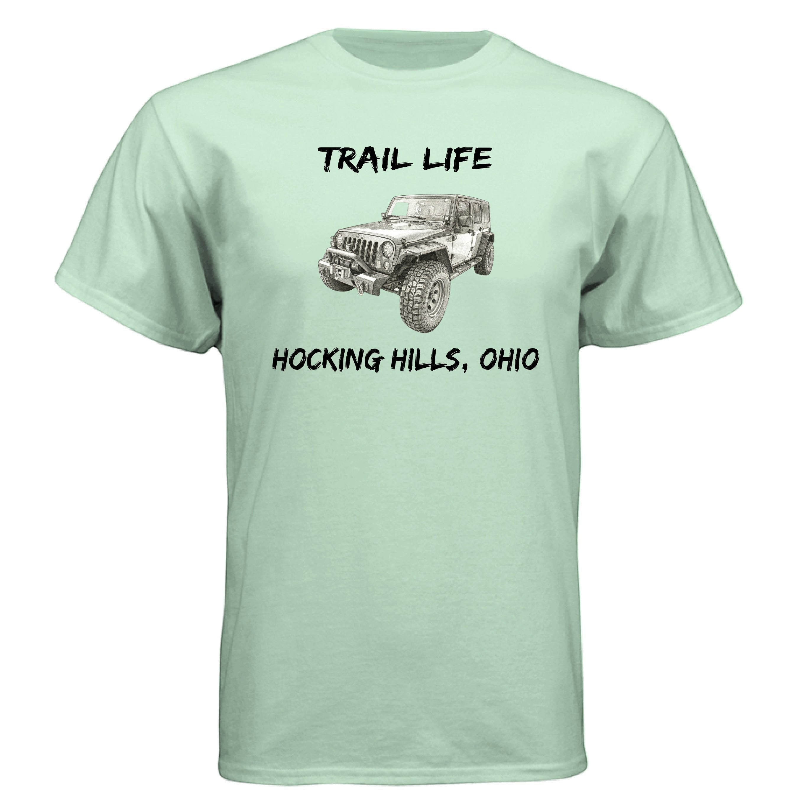 The Hocking Hills Store light mint green cotton blend t-shirt with a graphic of a Jeep and text "TRAIL LIFE HOCKING HILLS, OHIO".