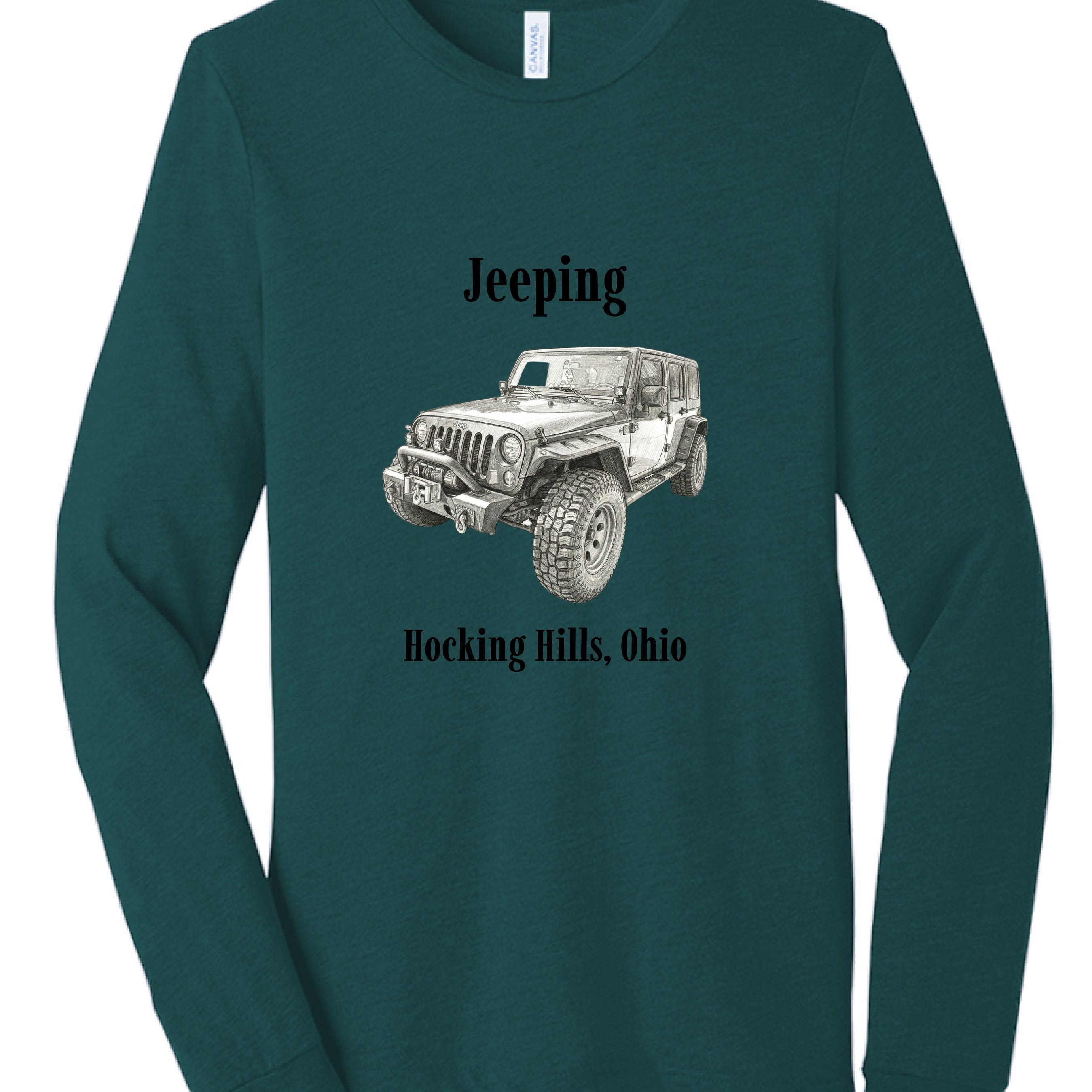 The Hocking Hills Store Jeeping Hocking Hills Ohio long sleeve t-shirt in dark green tri-blend fabric with a graphic of a jeep.