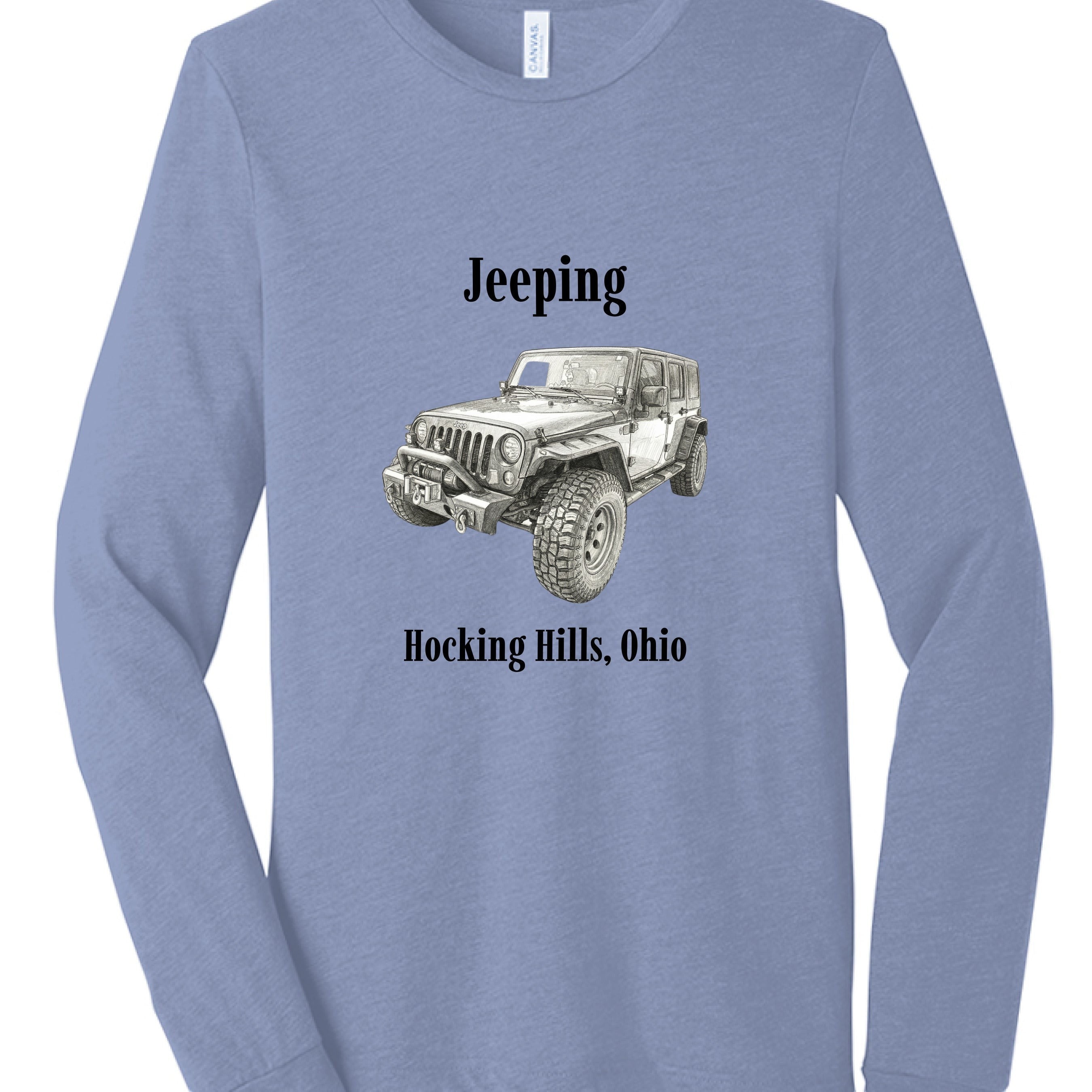 The Hocking Hills Store blue tri-blend long sleeve t-shirt with a graphic of a Jeep and text 'Jeeping Hocking Hills, Ohio'.