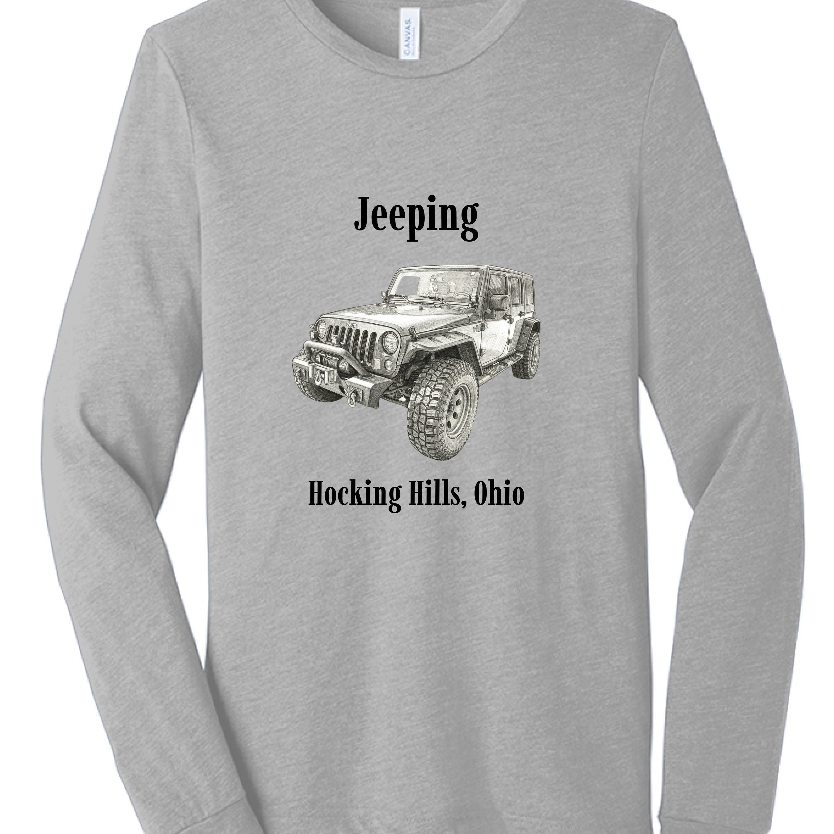 The Hocking Hills Store grey tri-blend long sleeve t-shirt with a sketch of a Jeep and text 'Jeeping Hocking Hills, Ohio'.