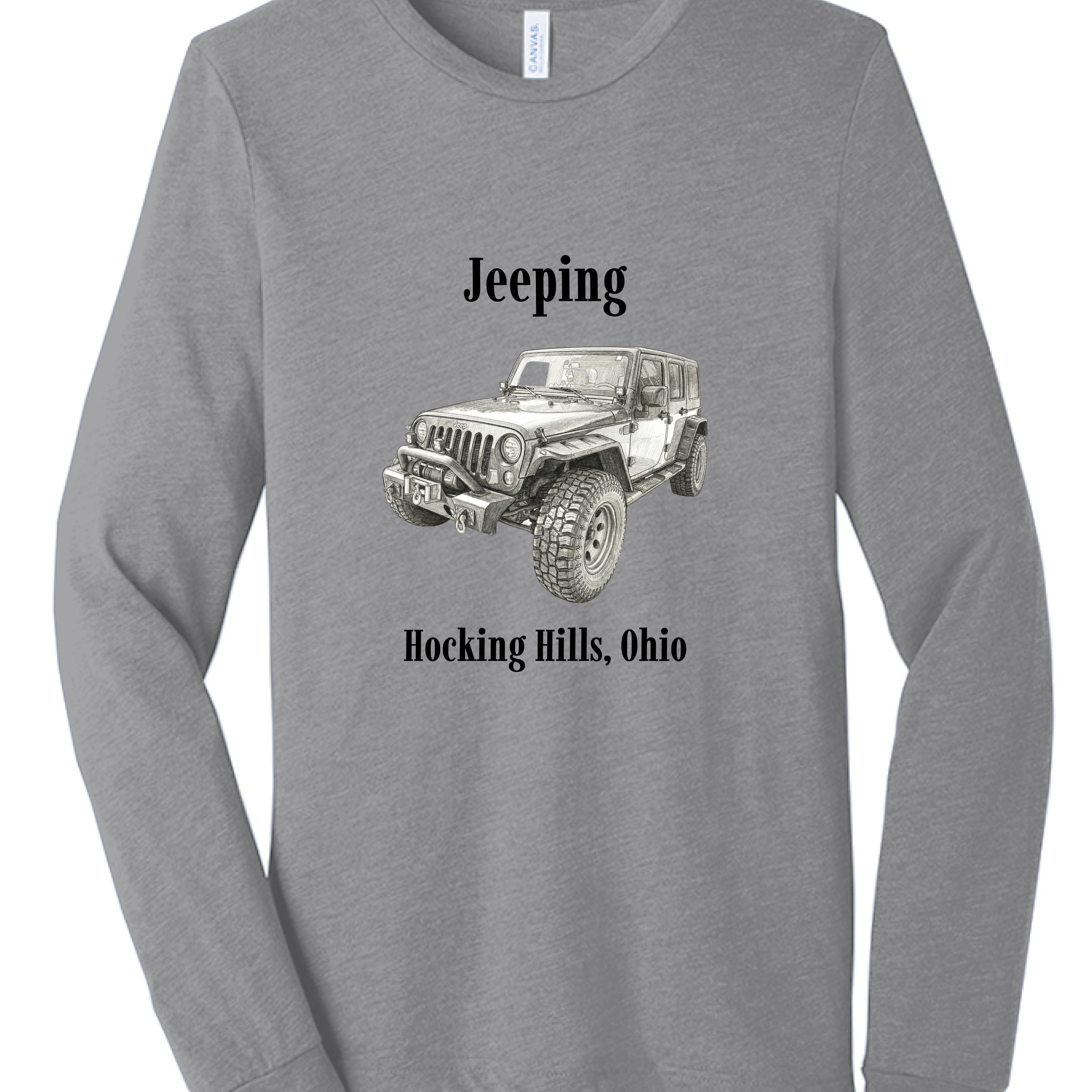 The Hocking Hills Store grey tri-blend long sleeve t-shirt with a graphic of a jeep and text "Jeeping Hocking Hills, Ohio".