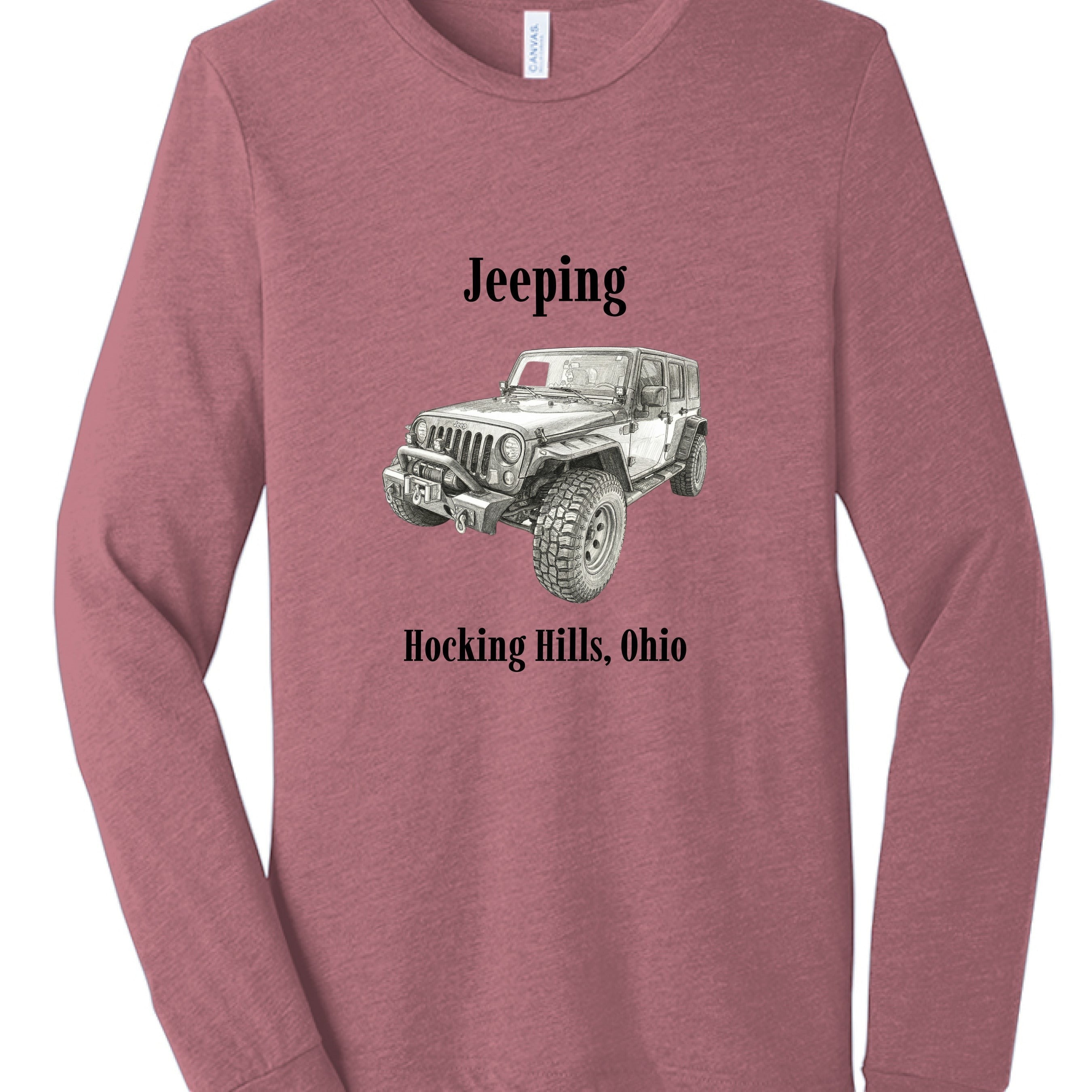 The Hocking Hills Store Jeeping Hocking Hills Ohio long sleeve t-shirt in tri-blend fabric with a graphic of a Jeep.