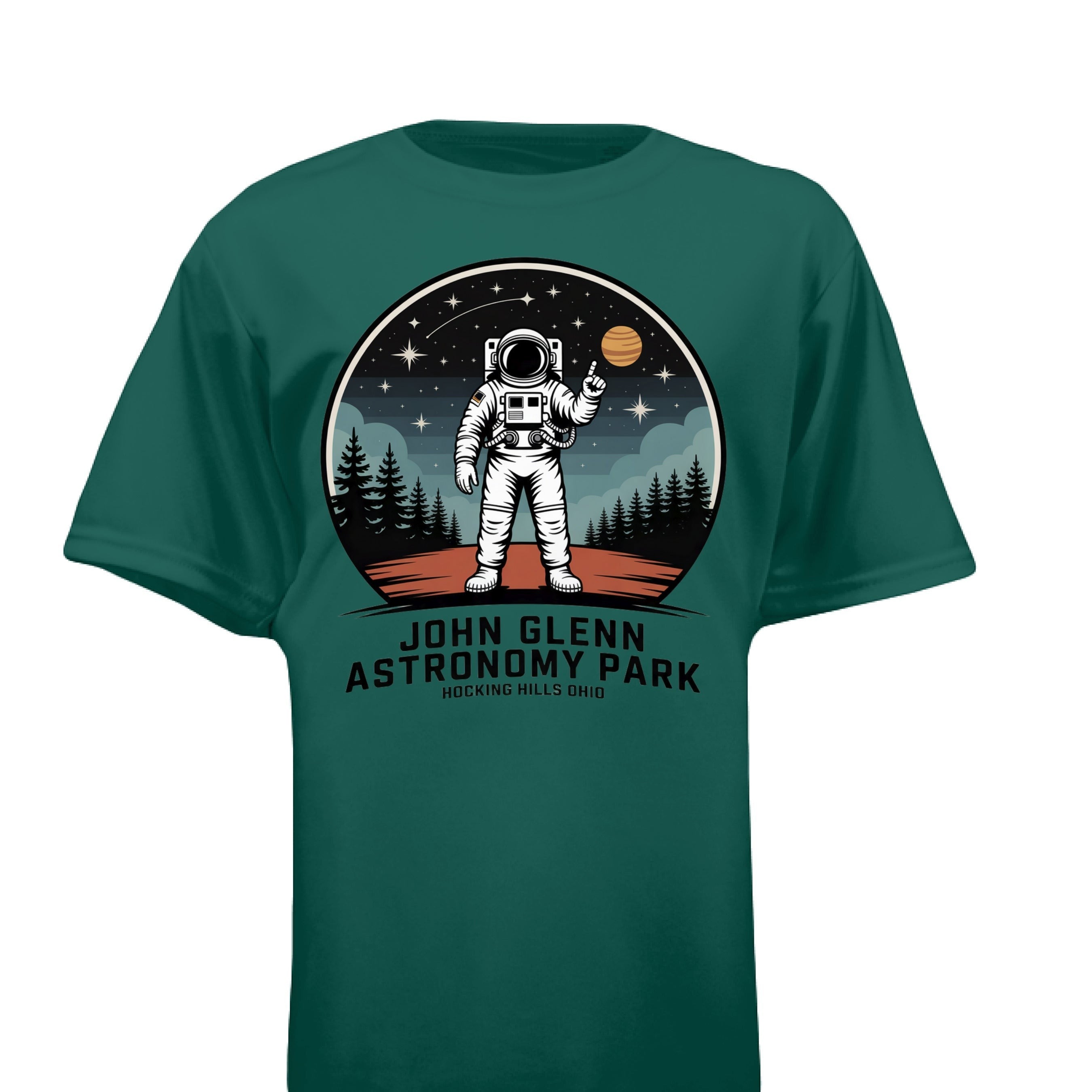 The Hocking Hills Store Kids Astronomy Park T-Shirt features a graphic of an astronaut in space with stars and planets. This green tee is made of soft, comfortable fabric.