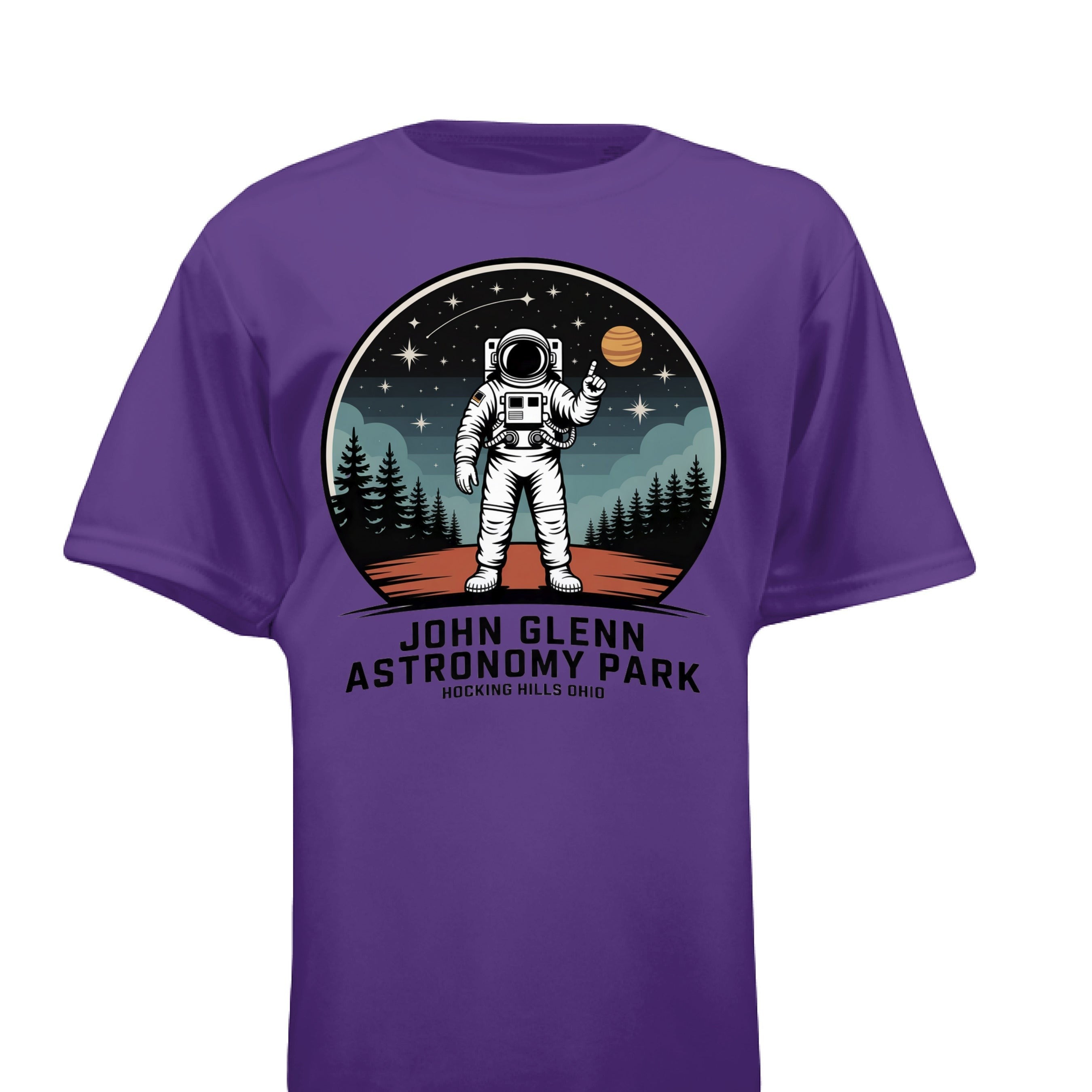 The Hocking Hills Store purple t-shirt with an astronaut graphic and text "JOHN GLENN ASTRONOMY PARK HOCKING HILLS OHIO"