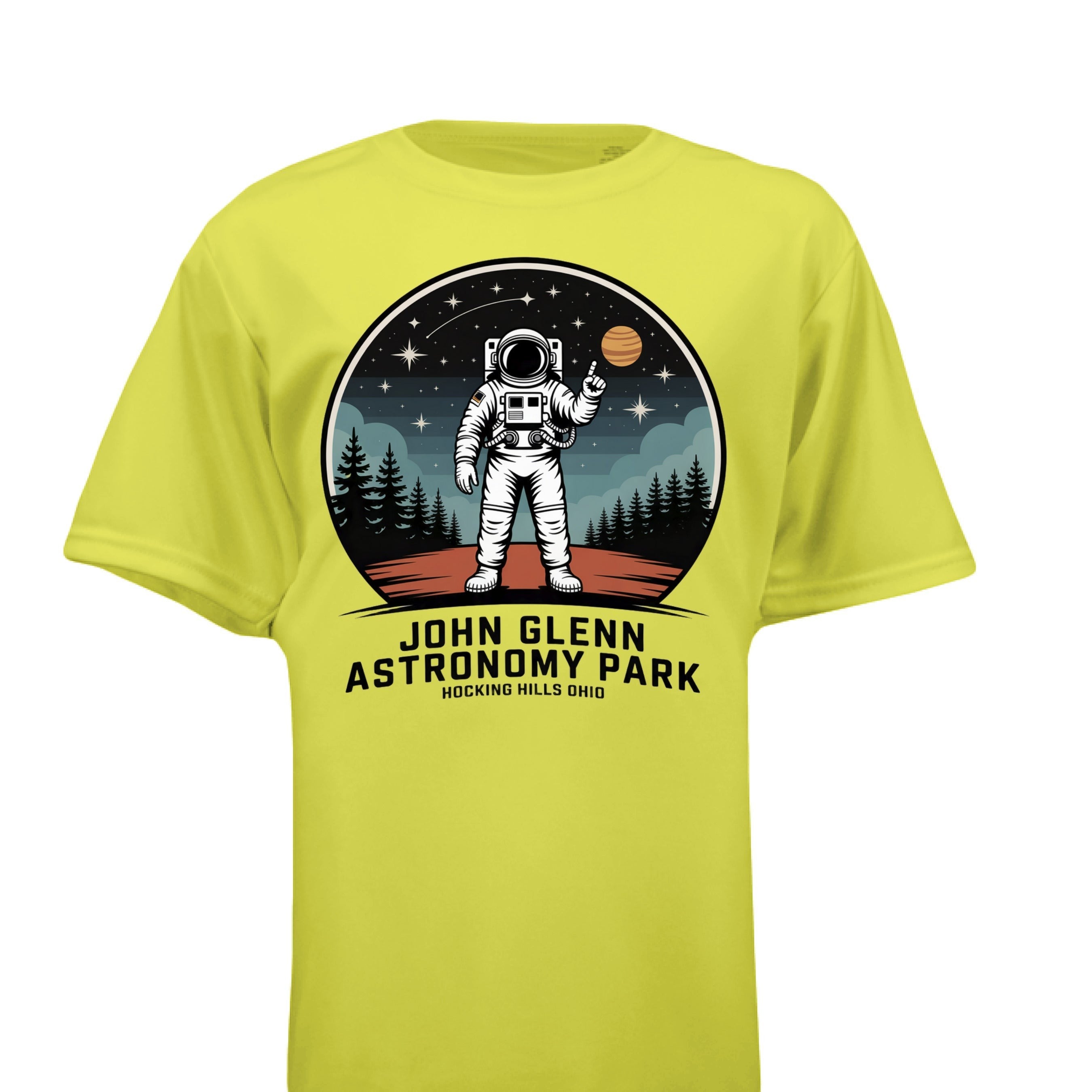 The Hocking Hills Store Kids Astronomy Park T-Shirt features a graphic of an astronaut in space with stars and planets. This yellow tee is made of soft, comfortable fabric.