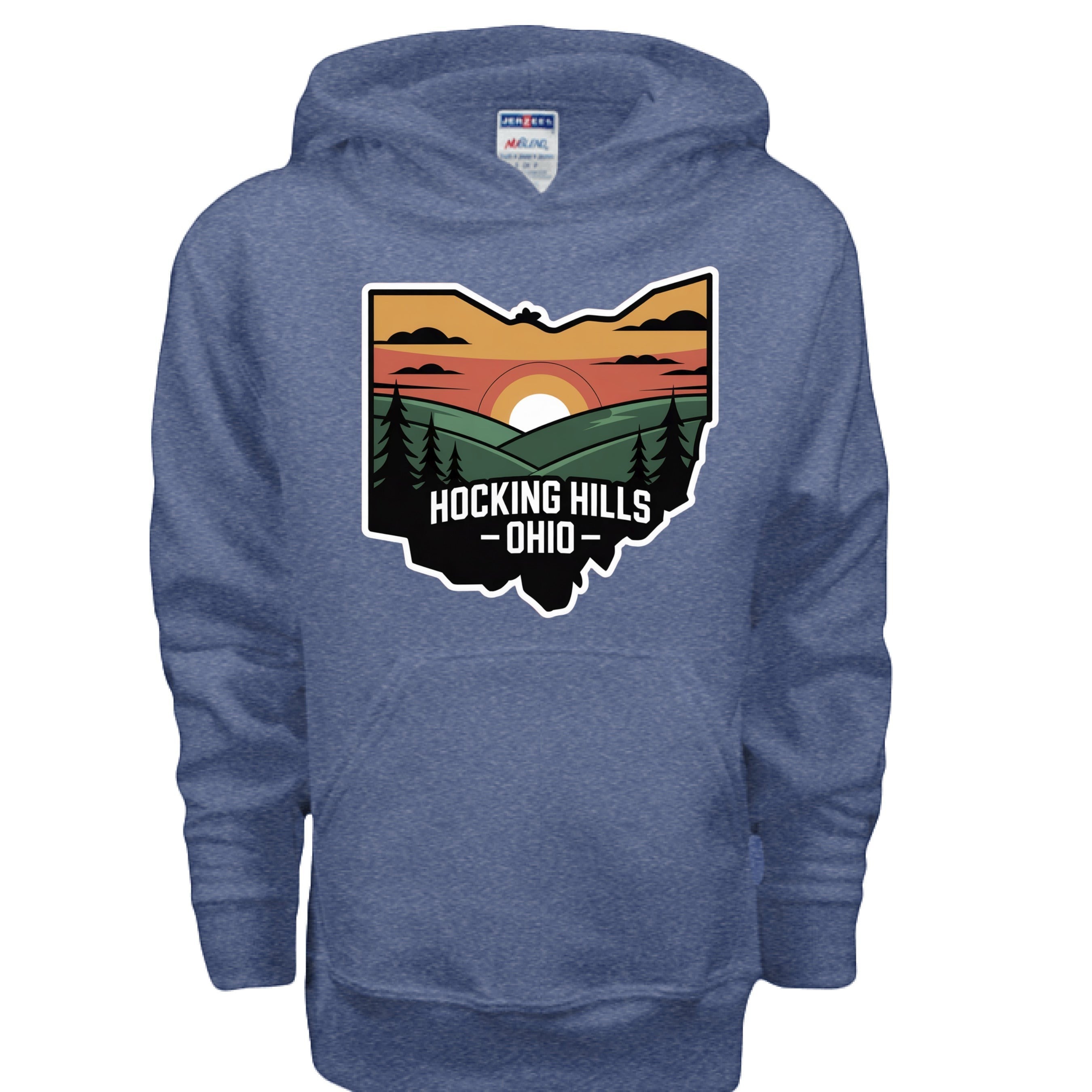 The Hocking Hills Store kids' heather blue pullover hoodie with a Hocking Hills Ohio graphic.