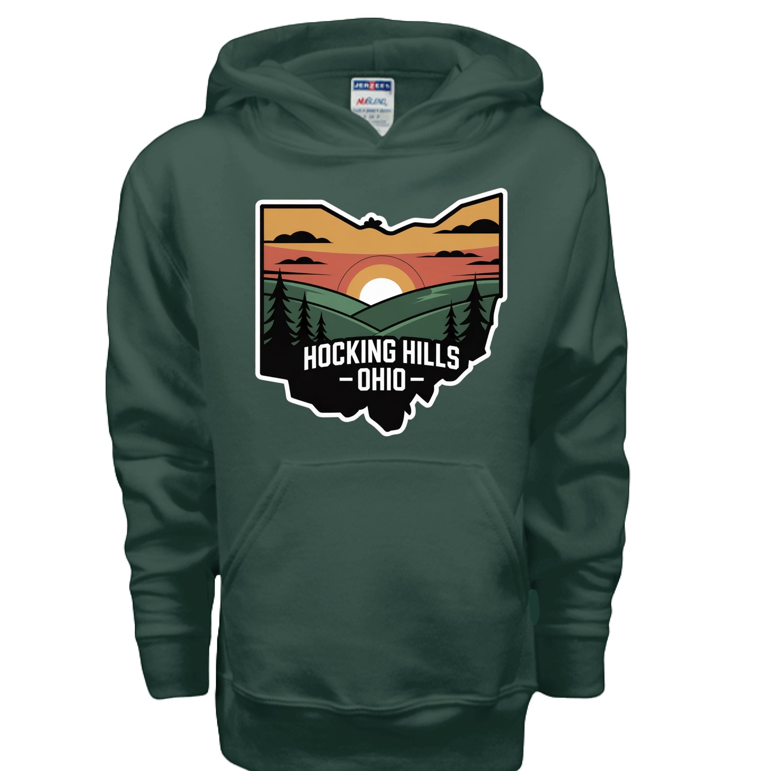 The Hocking Hills Store kids' dark green pullover hoodie with a Hocking Hills Ohio graphic.