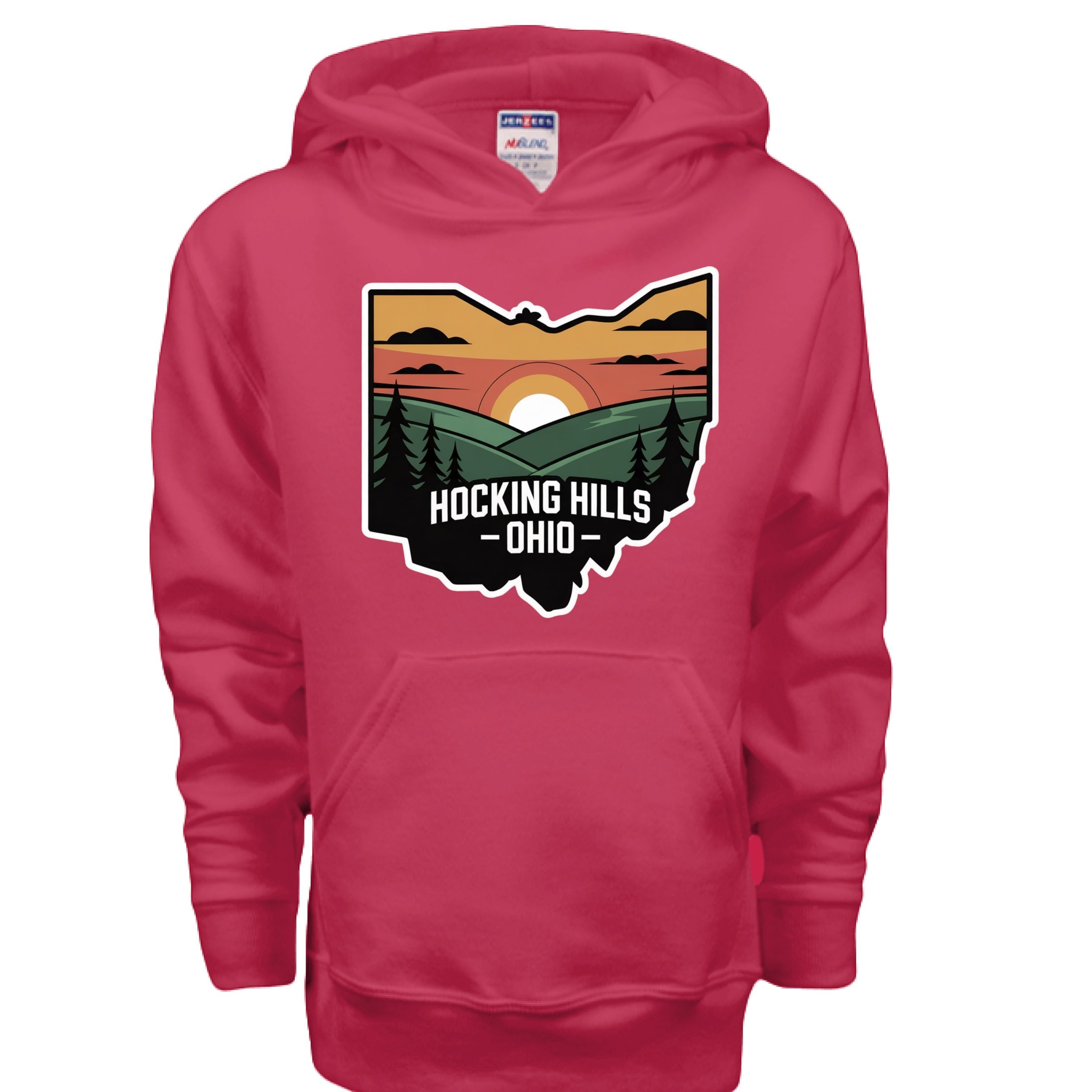The Hocking Hills Store kids' red cotton-blend pullover hoodie with a graphic of Hocking Hills, Ohio at sunset.