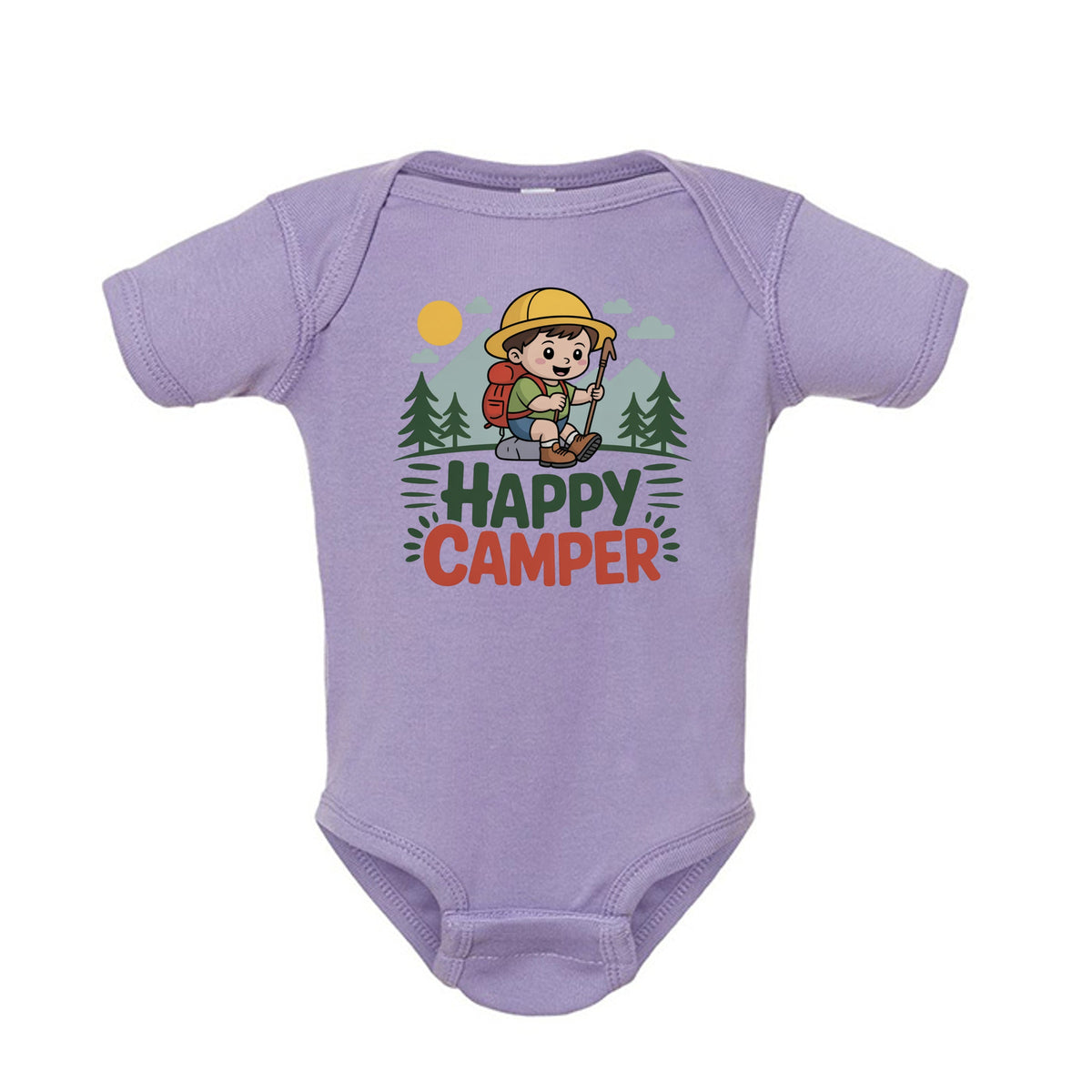 The Hocking Hills Store purple infant bodysuit featuring a Happy Camper graphic with a boy hiking in the mountains.