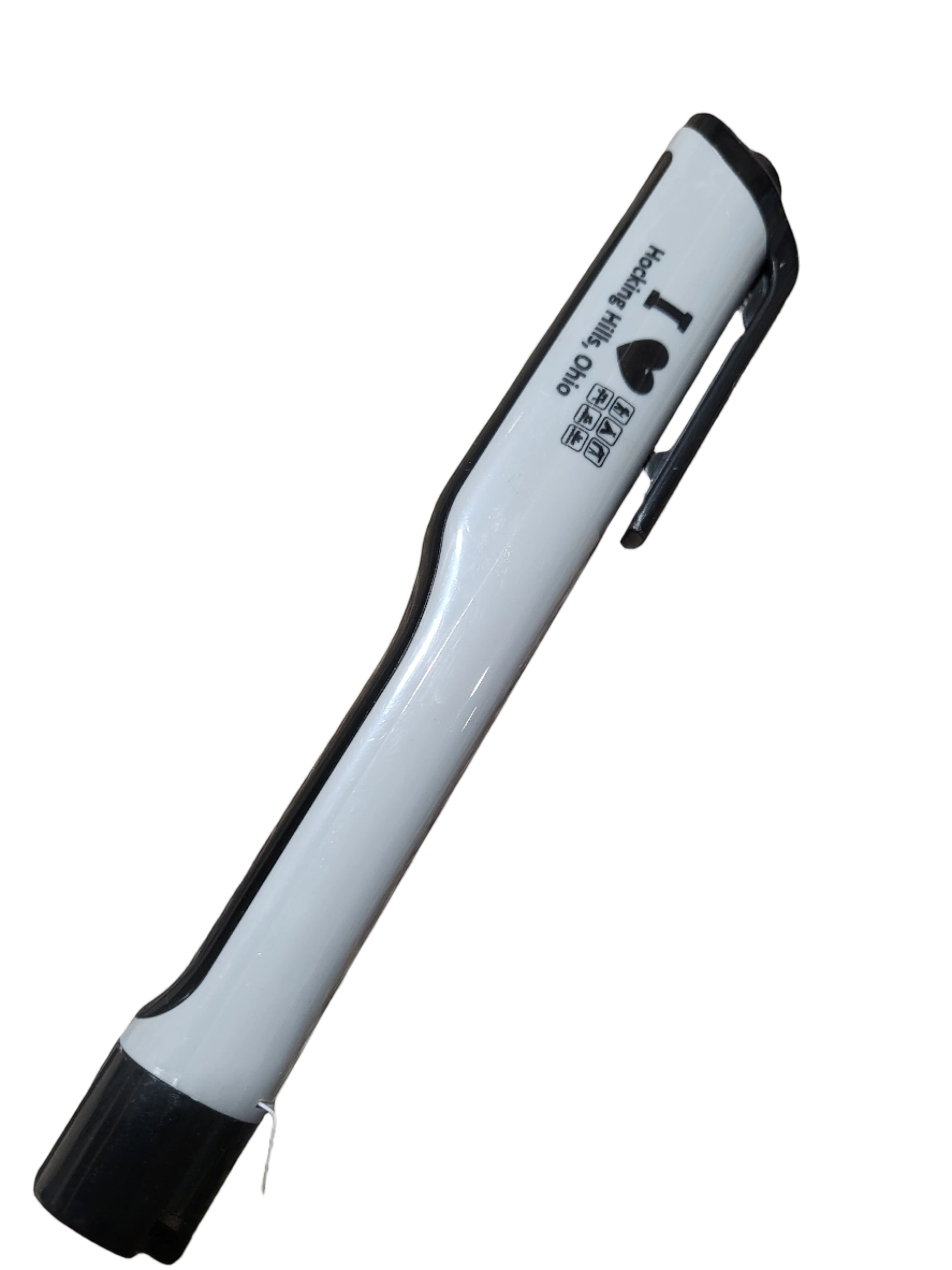 The Hocking Hills Store white and black LED shirt clip light with "I Heart Hocking Hills, Ohio" text and trail icons.