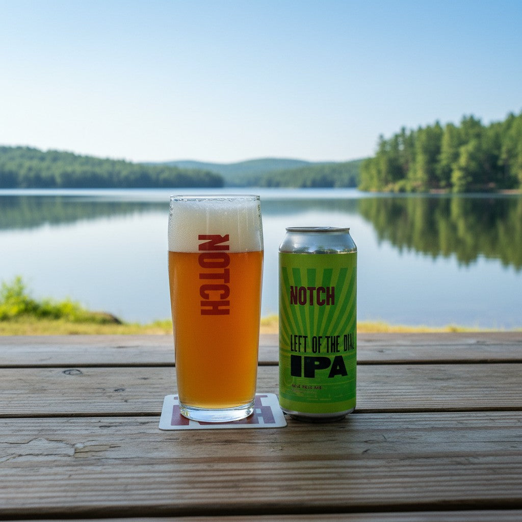 The Hocking Hills Store Left of the Dial IPA beer can and glass on a wooden table with a brick background.