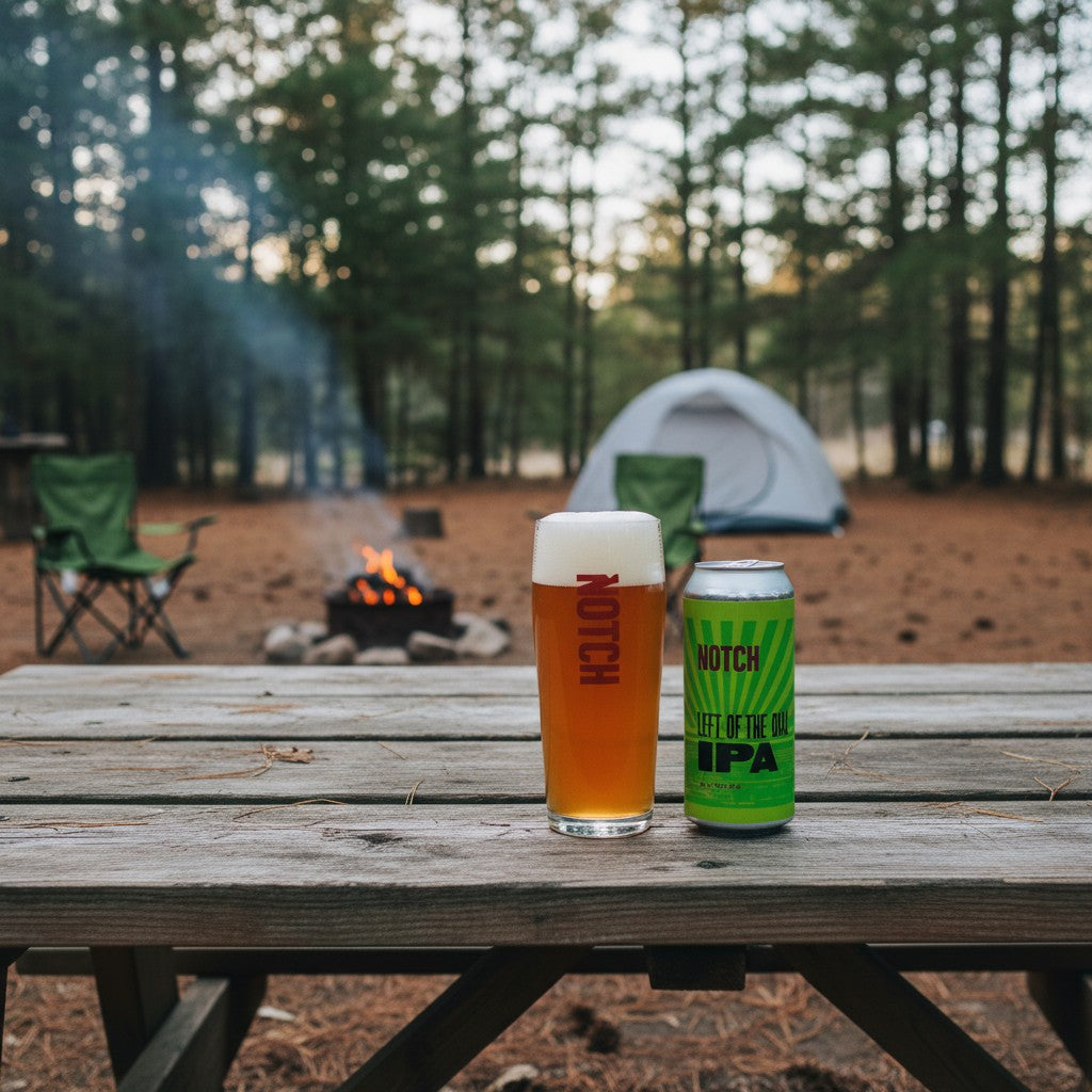 The Hocking Hills Store Left of the Dial IPA beer can and glass, featuring a green can with sunburst design and a pint glass filled with amber ale.