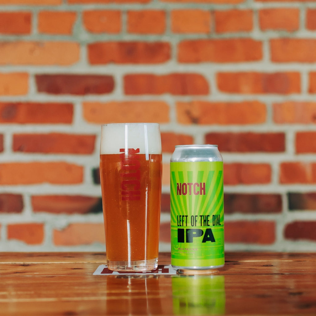 The Hocking Hills Store Left of the Dial IPA beer can and glass on a wooden table with a brick background.