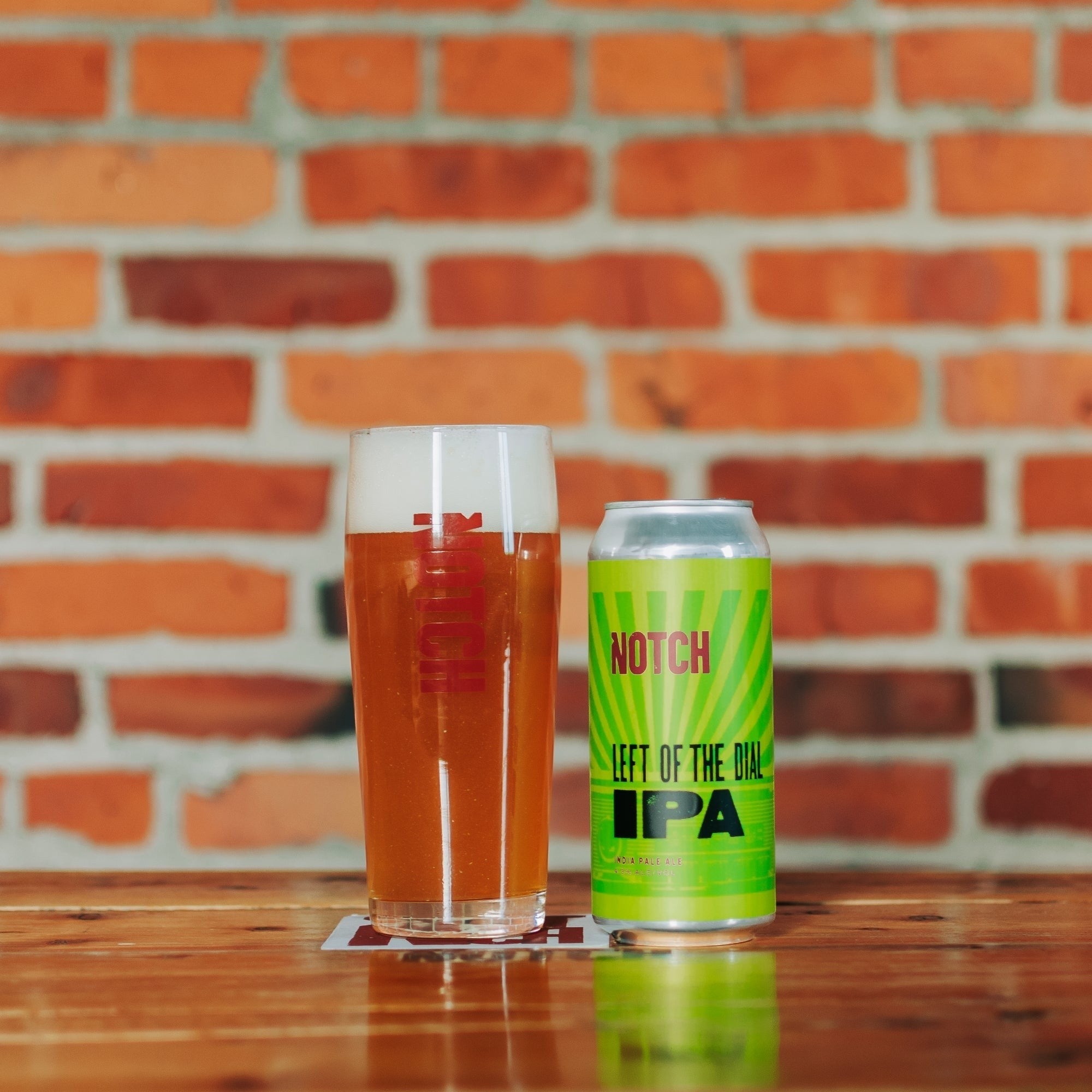 The Hocking Hills Store Left of the Dial IPA beer can and glass on a wooden table with a brick background.
