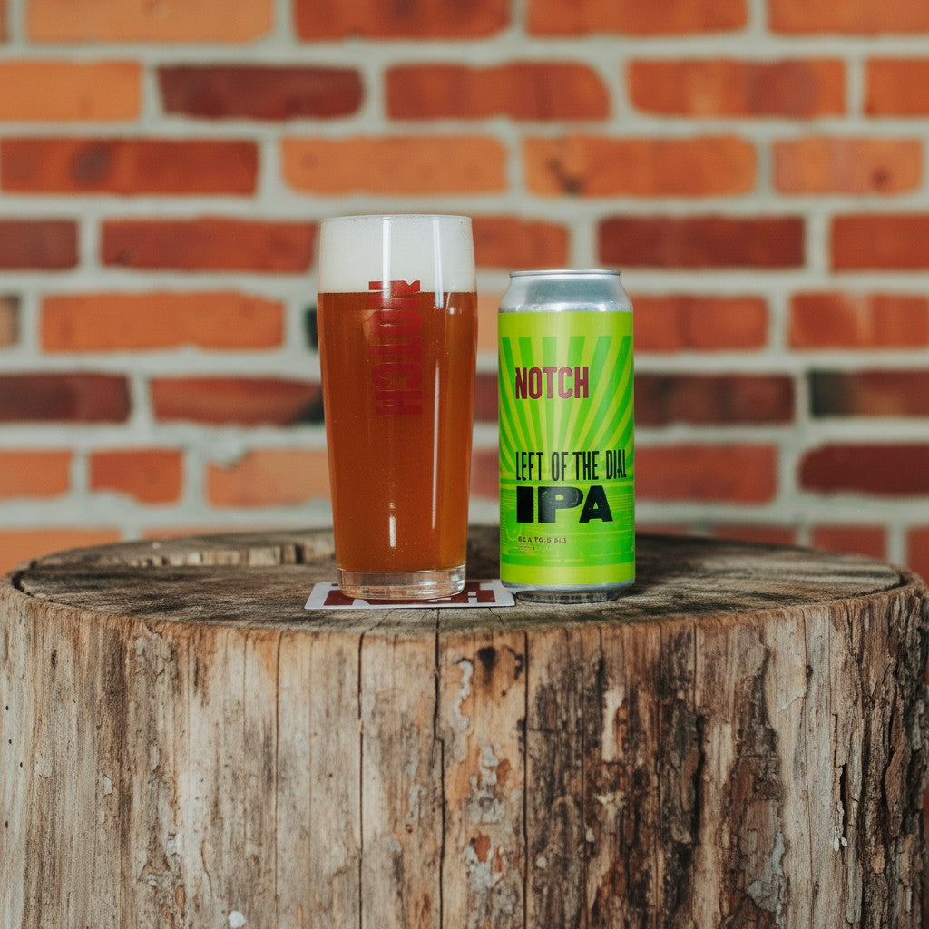 The Hocking Hills Store Left of the Dial IPA beer can and glass on a wooden table with a brick background.