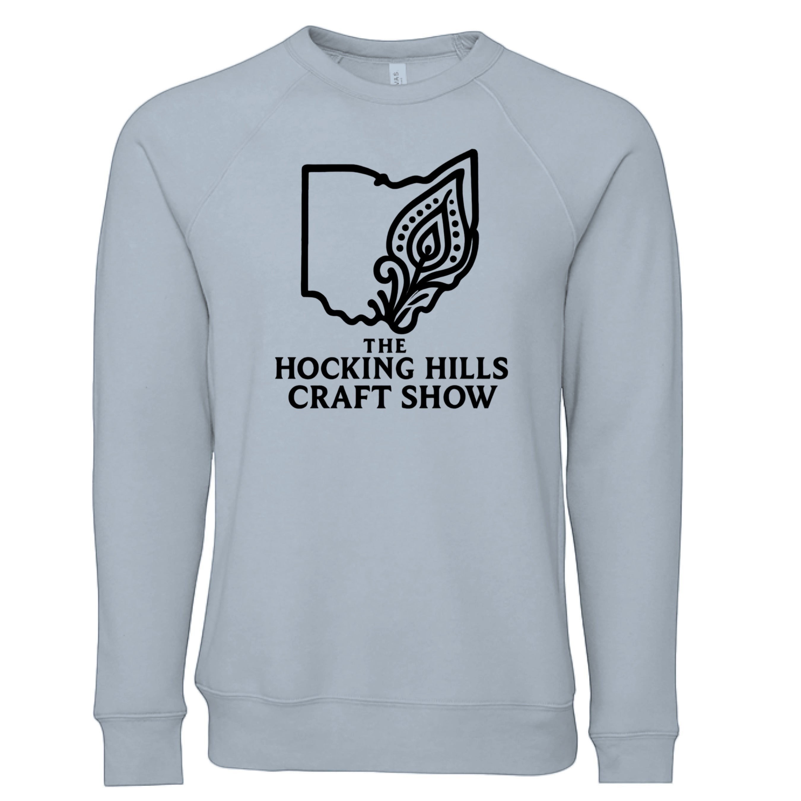 The Hocking Hills Store light blue unisex sponge fleece crew neck sweatshirt with raglan sleeves and a black graphic of Ohio with a decorative leaf.