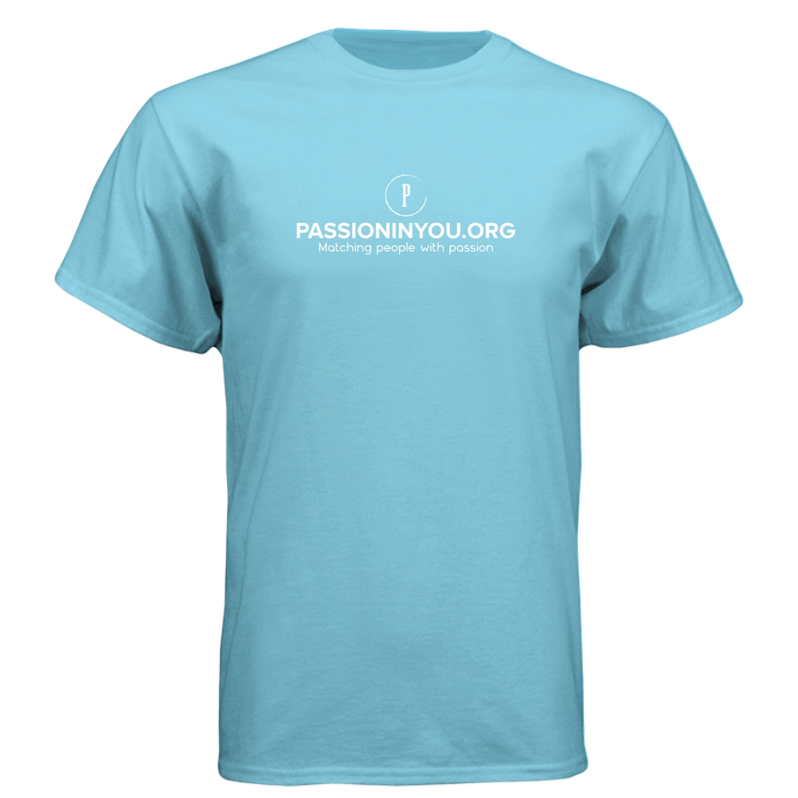 The Hocking Hills Store light blue CVC blend short-sleeve t-shirt with Passioninyou.org logo.