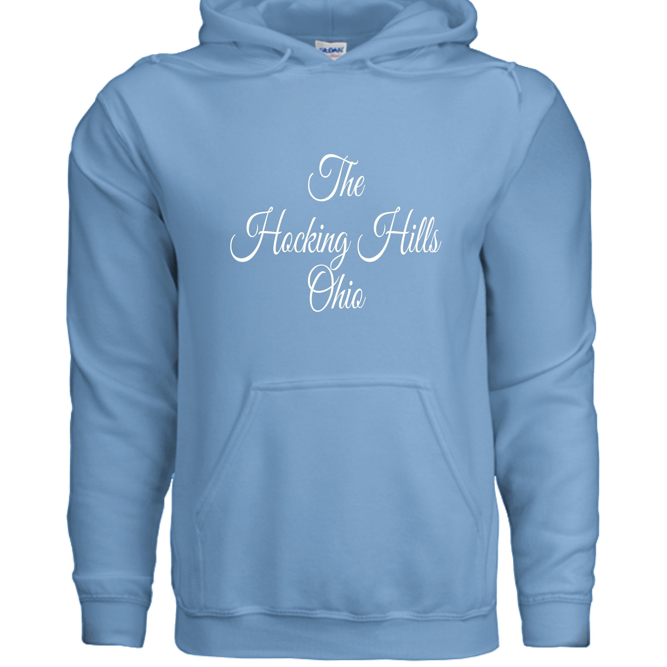 The Hocking Hills Store light blue cotton blend hoodie with white script text