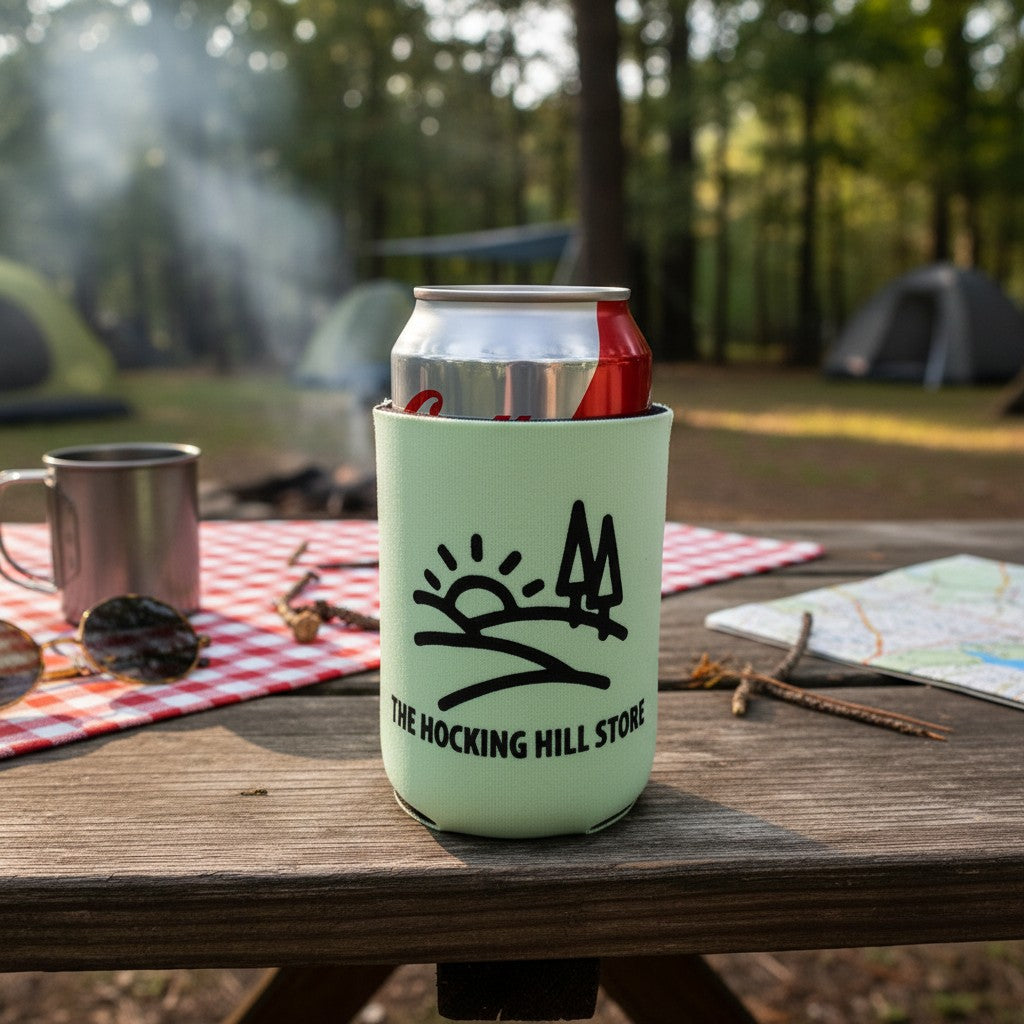 The Hocking Hills Store light green can cooler with a black graphic of a sun over hills and trees. Holds a beverage can.