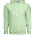 The Hocking Hills Store light green cotton blend hoodie with white text "The Hocking Hills Ohio" and a front pouch pocket.