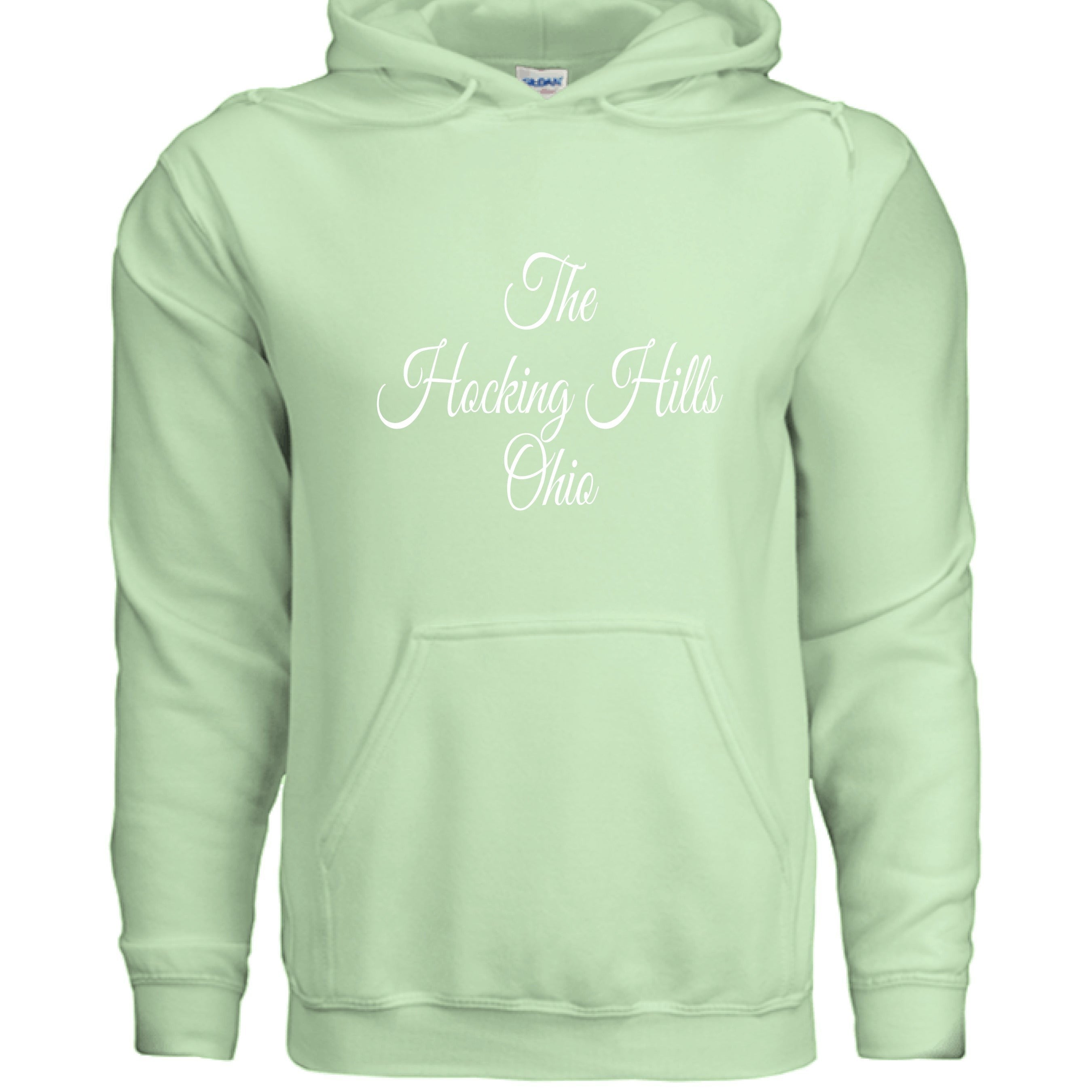 The Hocking Hills Store light green cotton blend hoodie with white text "The Hocking Hills Ohio" and a front pouch pocket.