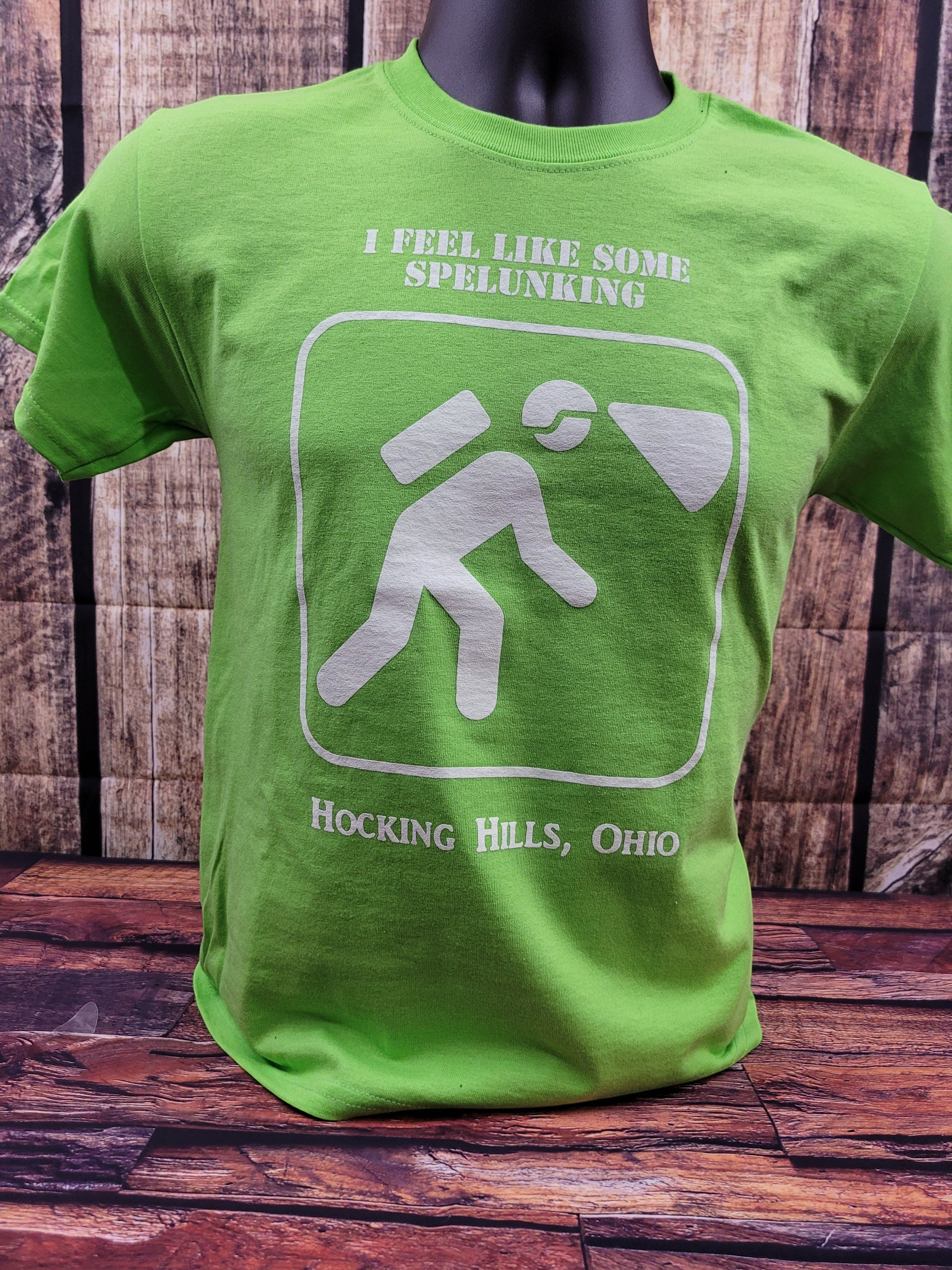 The Hocking Hills Store lime green graphic tee with white spelunking design and text.