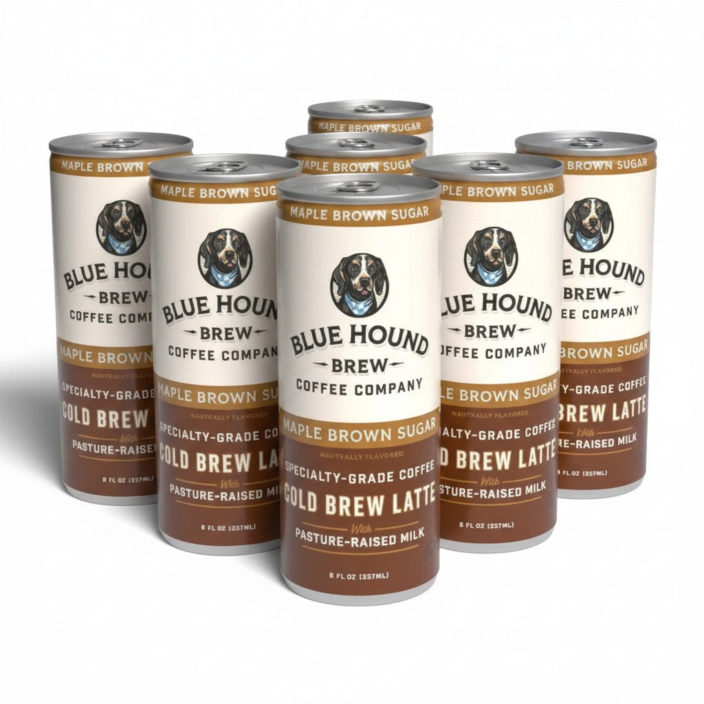 The Hocking Hills Store Maple Brown Sugar Cold Brew Latte can with pasture-raised milk and smooth cold brew.