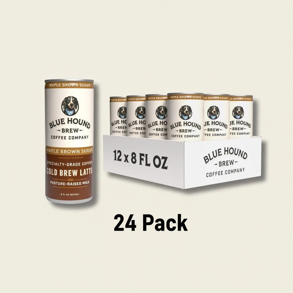 The Hocking Hills Store Maple Brown Sugar Cold Brew Latte can with pasture-raised milk. Case of 12 cans in background.