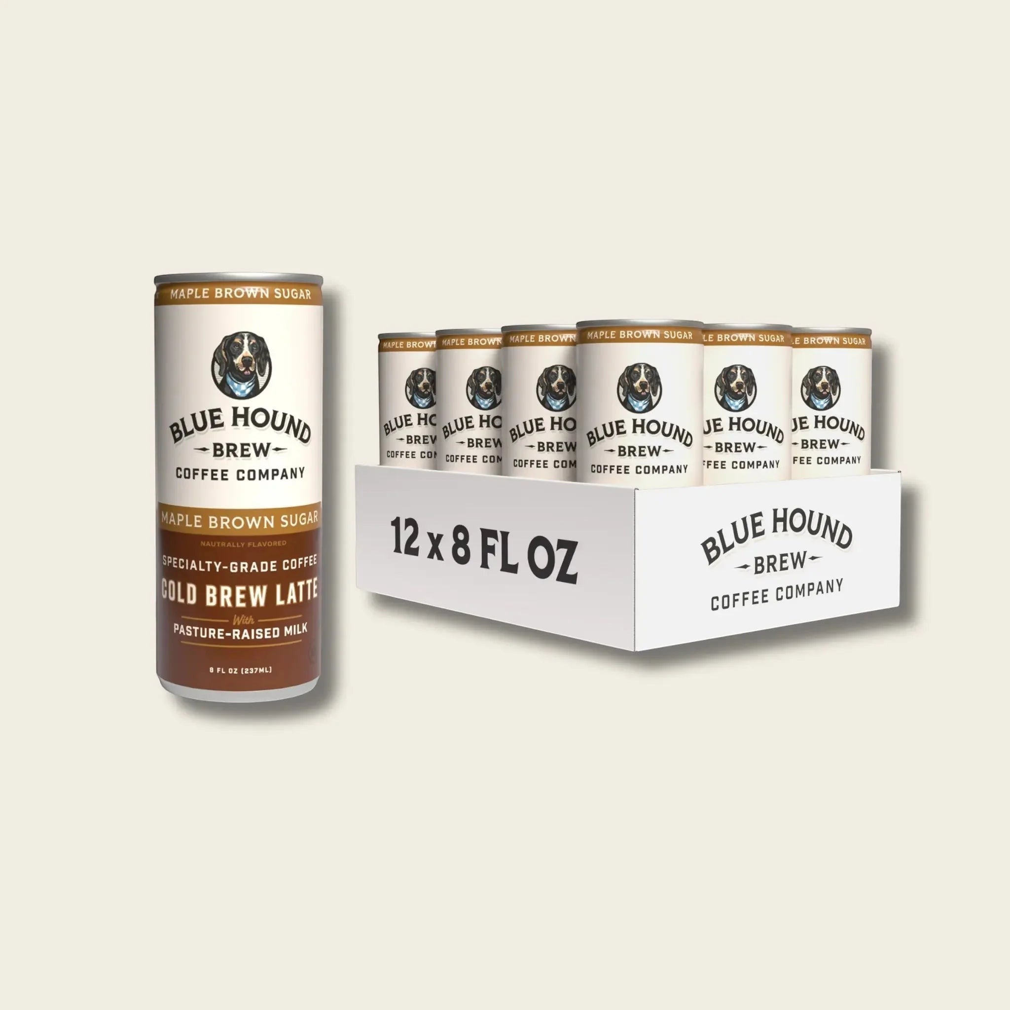 The Hocking Hills Store Blue Hound Coffee Company Maple Brown Sugar Cold Brew Latte cans with pasture-raised milk.