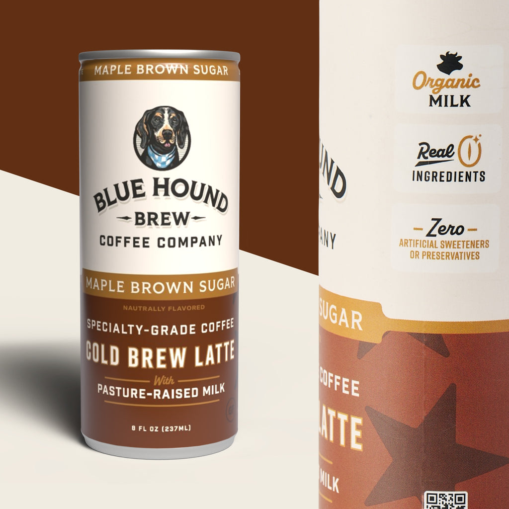 The Hocking Hills Store Blue Hound Brew Coffee Company Maple Brown Sugar Cold Brew Latte can with organic milk and real ingredients.