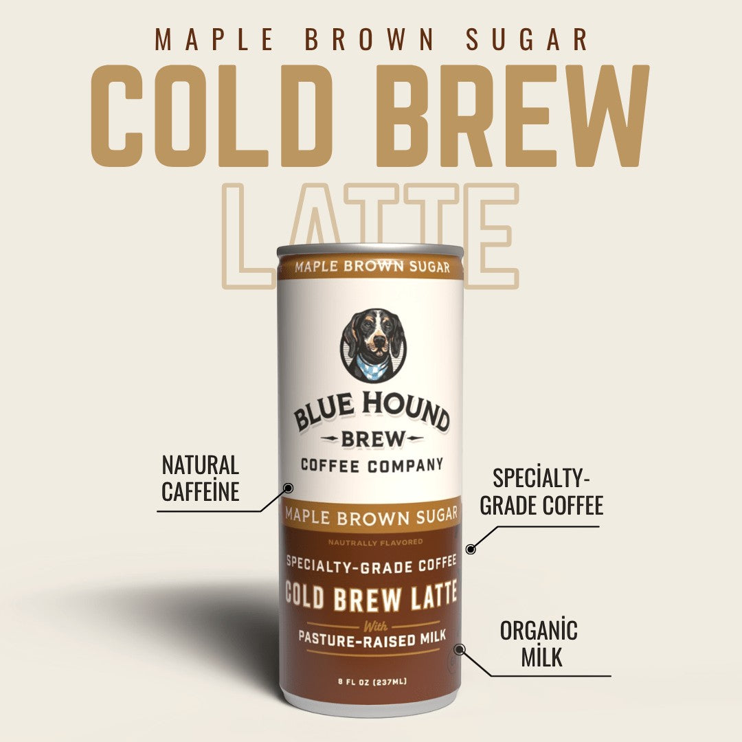 The Hocking Hills Store Maple Brown Sugar Cold Brew Latte can with Blue Hound Coffee Company branding, featuring natural caffeine and organic milk.